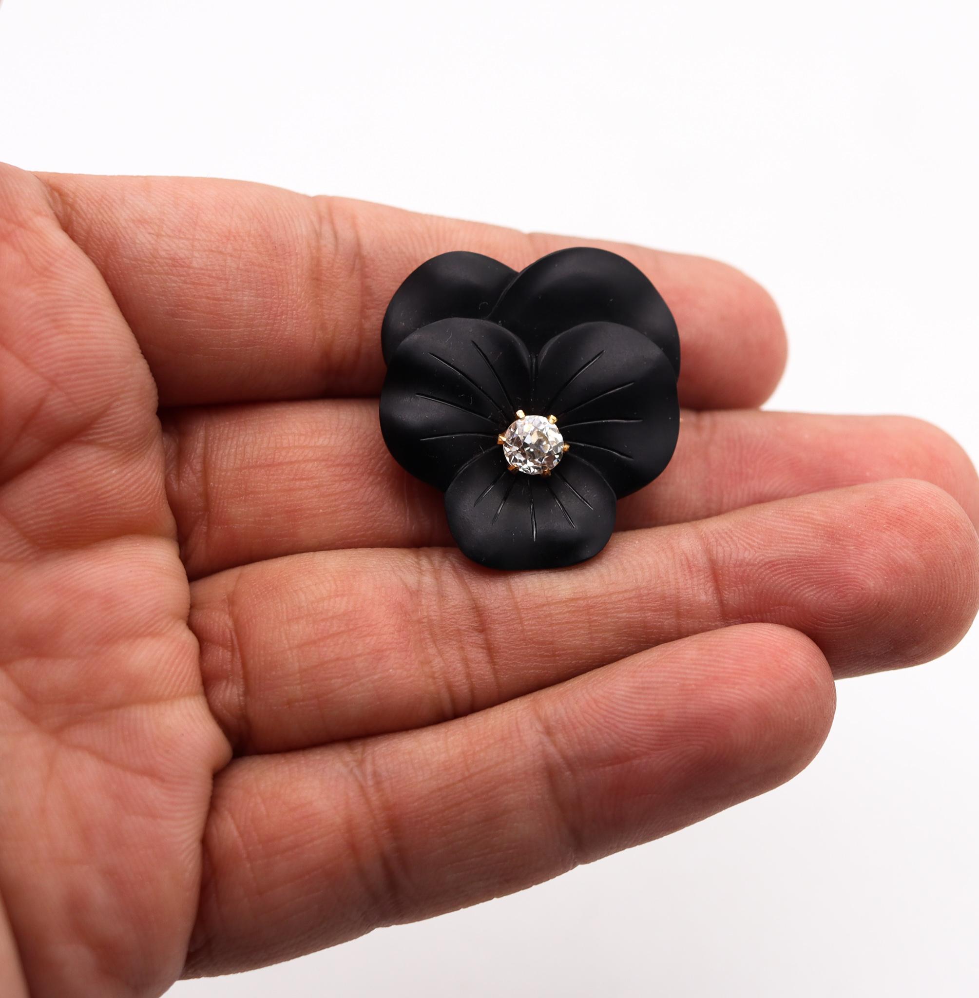 French Cut French 1905 Edwardian Art Nouveau Black Onyx Flower Clip 18Kt Gold with Diamond For Sale