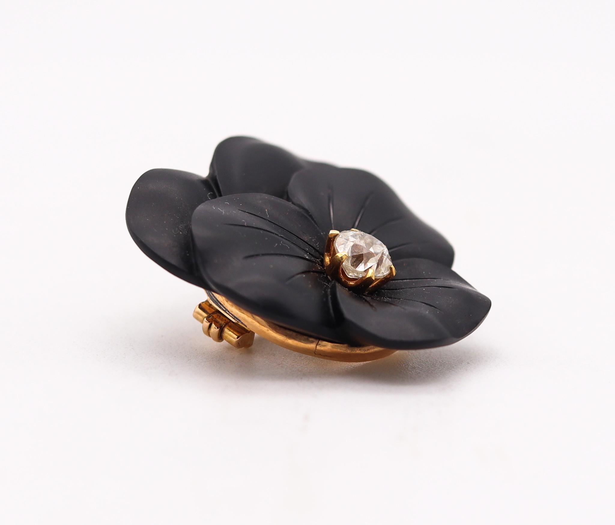 French 1905 Edwardian Art Nouveau Black Onyx Flower Clip 18Kt Gold with Diamond In Excellent Condition For Sale In Miami, FL