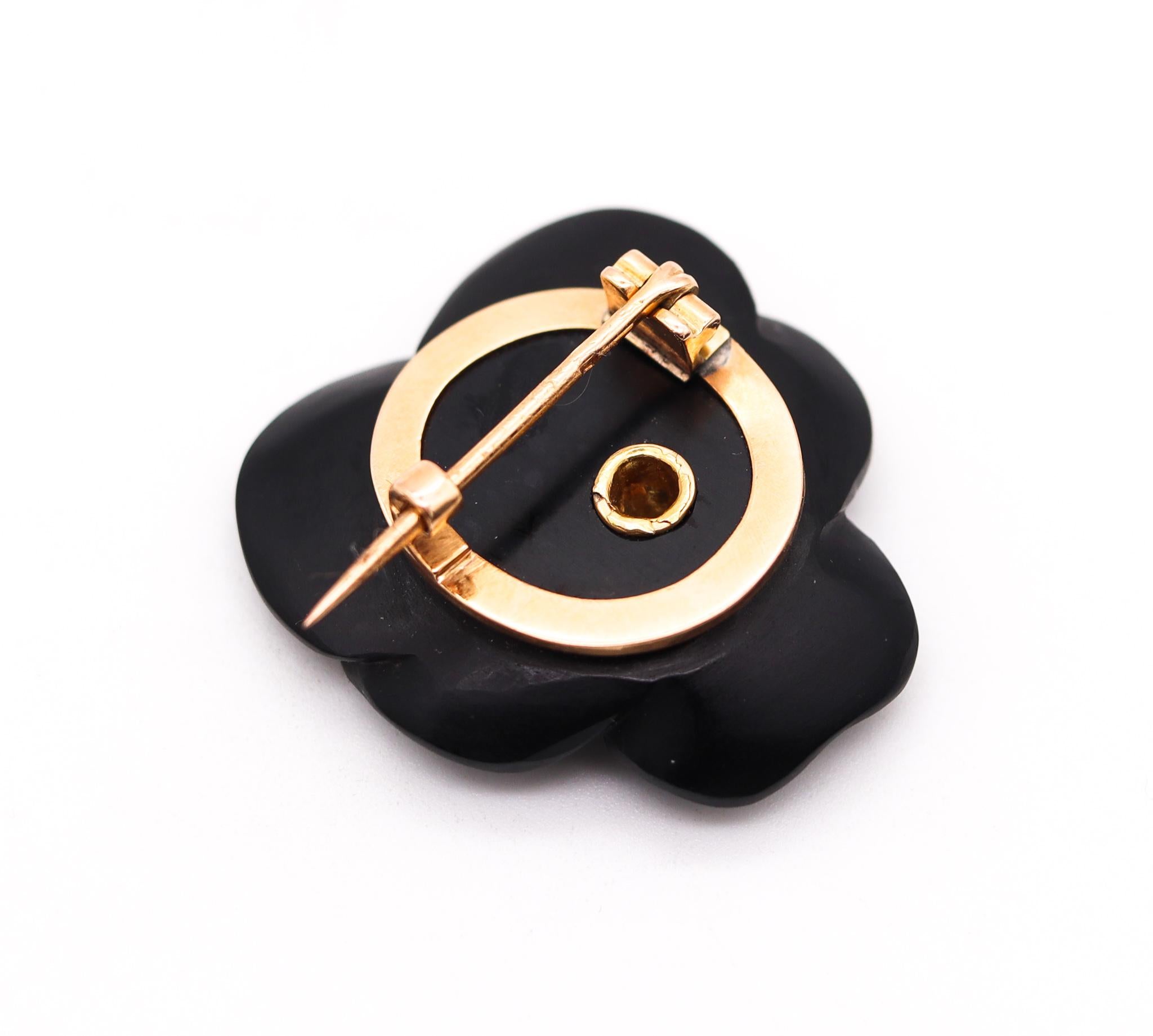 Women's French 1905 Edwardian Art Nouveau Black Onyx Flower Clip 18Kt Gold with Diamond