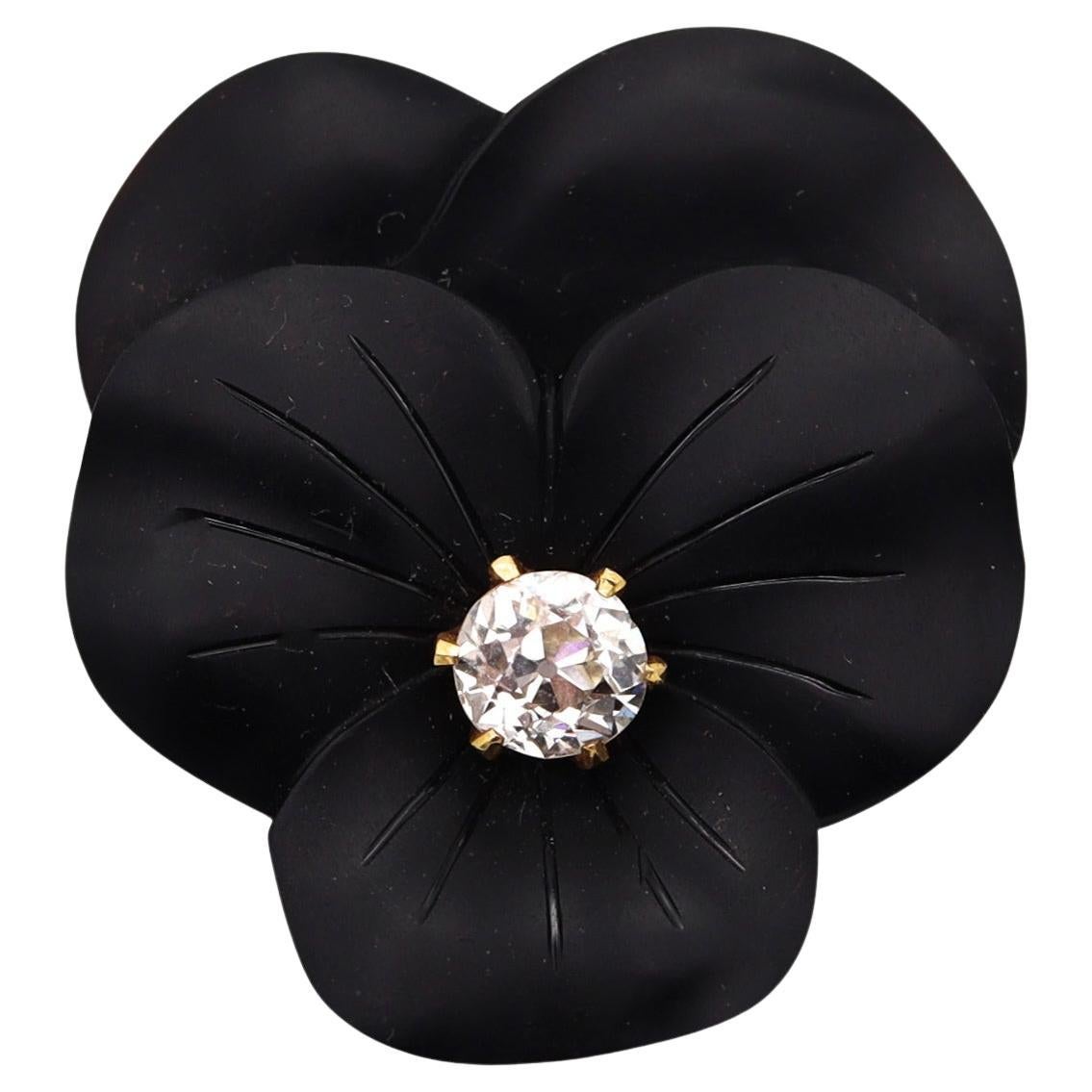 French 1905 Edwardian Art Nouveau Black Onyx Flower Clip 18Kt Gold with Diamond For Sale
