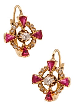 French 1905 Edwardian Earrings in 18kt Gold with Diamonds and Red Burmese Rubies