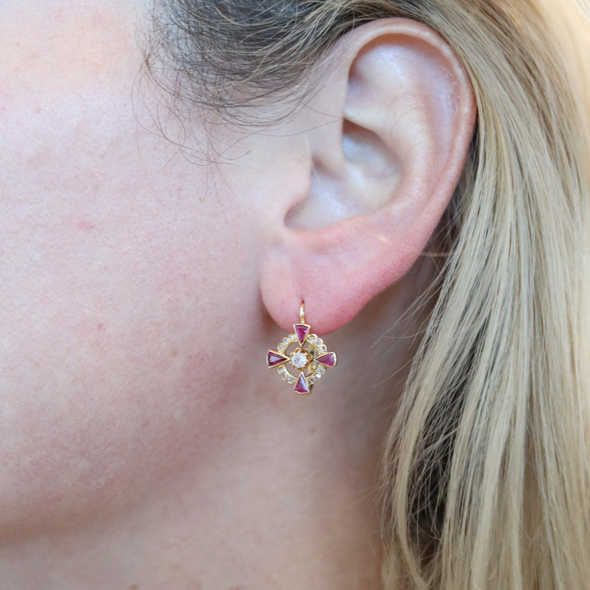 Women's French 1905 Edwardian Earrings in 18kt Gold with Diamonds and Red Burmese Rubies
