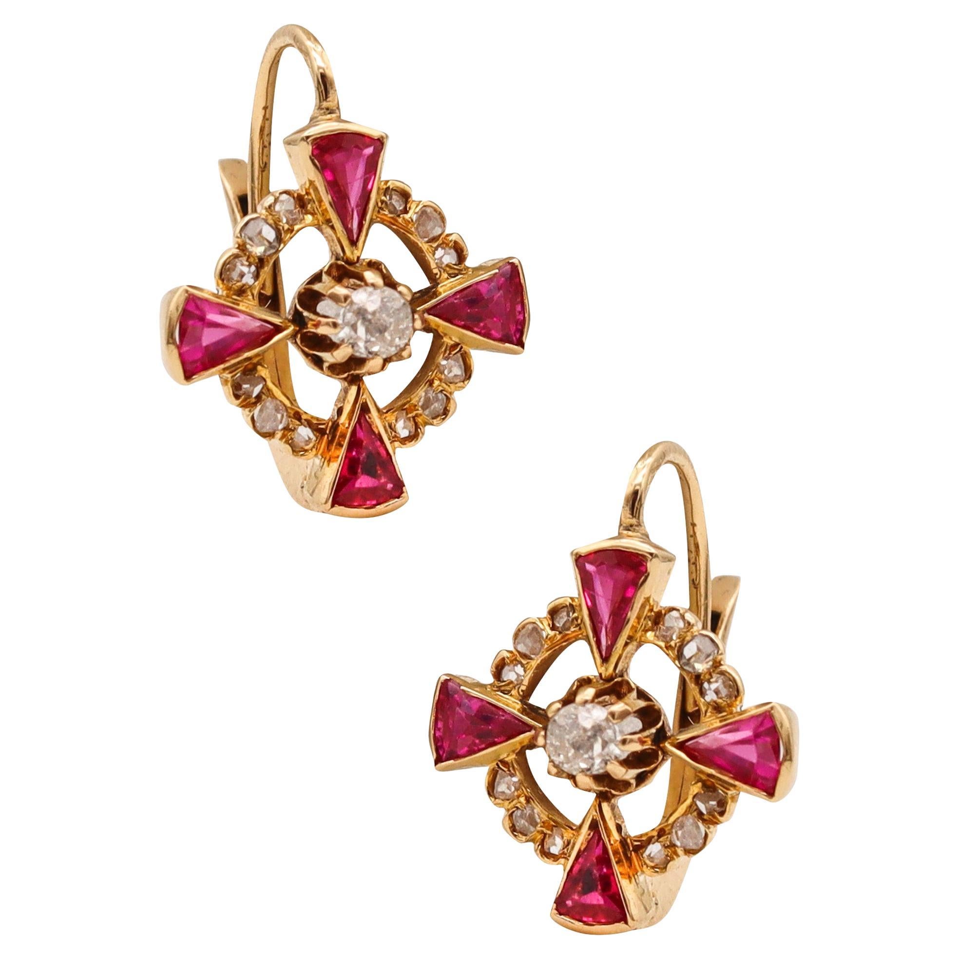 French 1905 Edwardian Earrings in 18kt Gold with Diamonds and Red Burmese Rubies