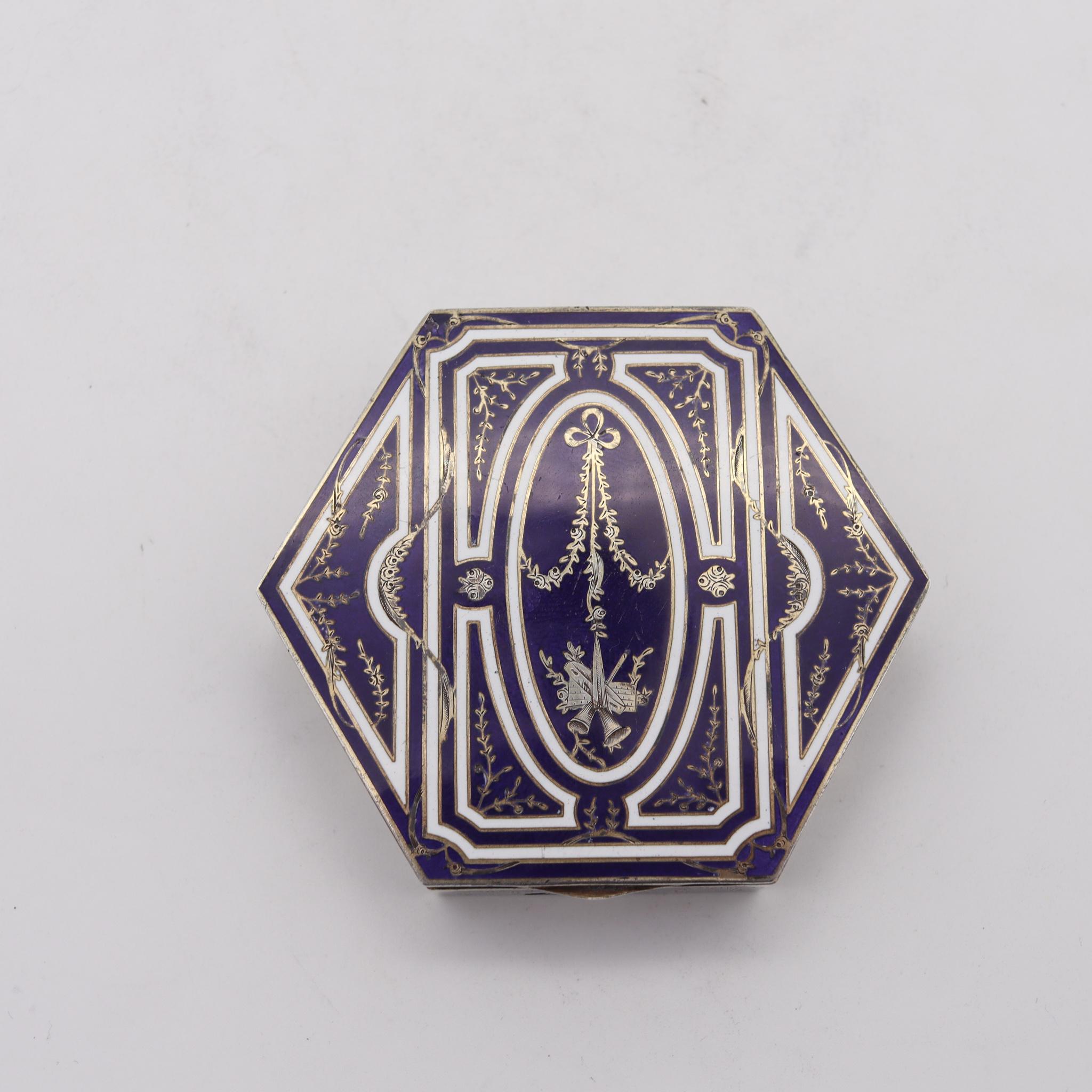 Enameled French 1905 Edwardian Hexagonal Snuff Box Sterling Silver with Guilloche Enamel For Sale