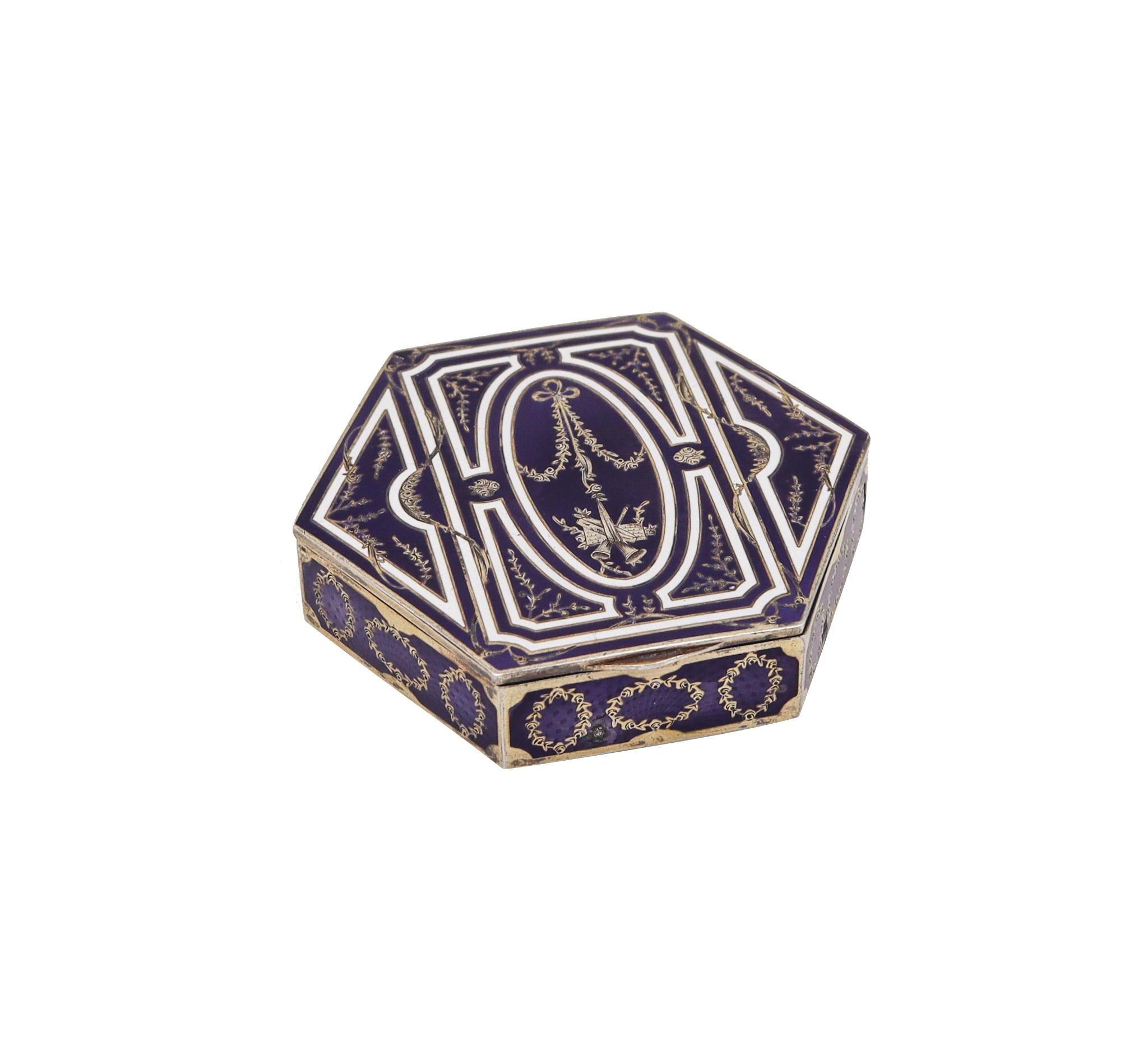French 1905 Edwardian Hexagonal Snuff Box Sterling Silver with Guilloche Enamel 1