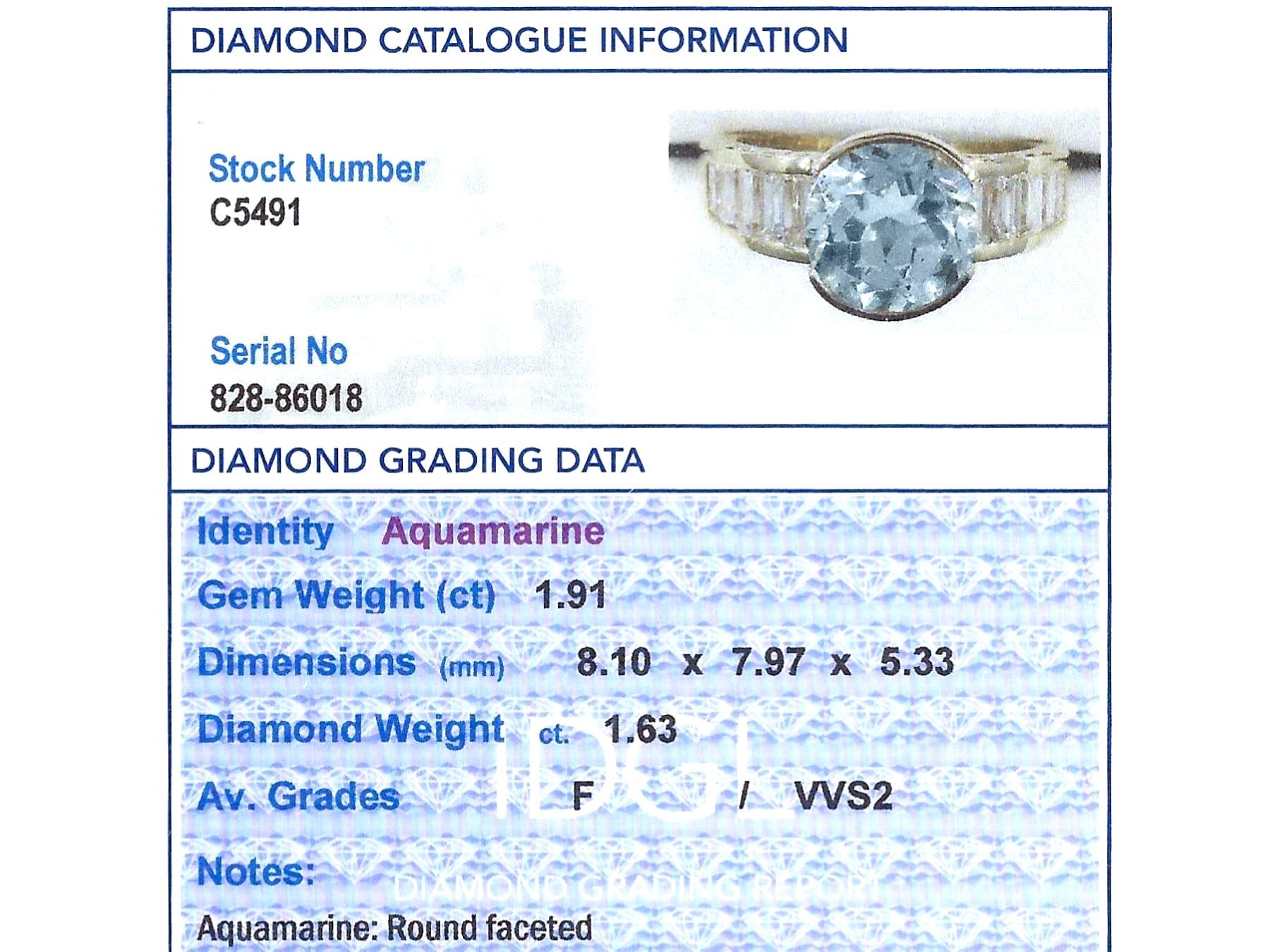 Round Cut French 1.91 Carat Aquamarine and 1.63 Carat Diamond Yellow Gold Band Ring For Sale