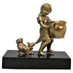 Antique French 1910-20, s Little Girl and the Dog Bronze