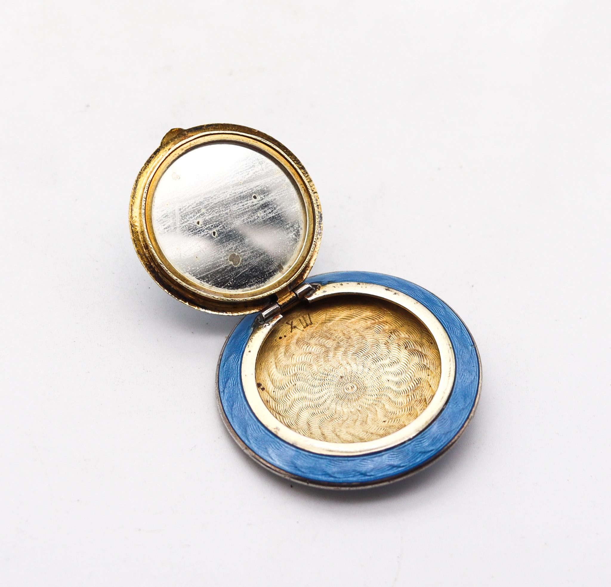 Women's or Men's French 1910 Edwardian Blue Guilloche Enamel Pendant Locket 925 Sterling Silver For Sale
