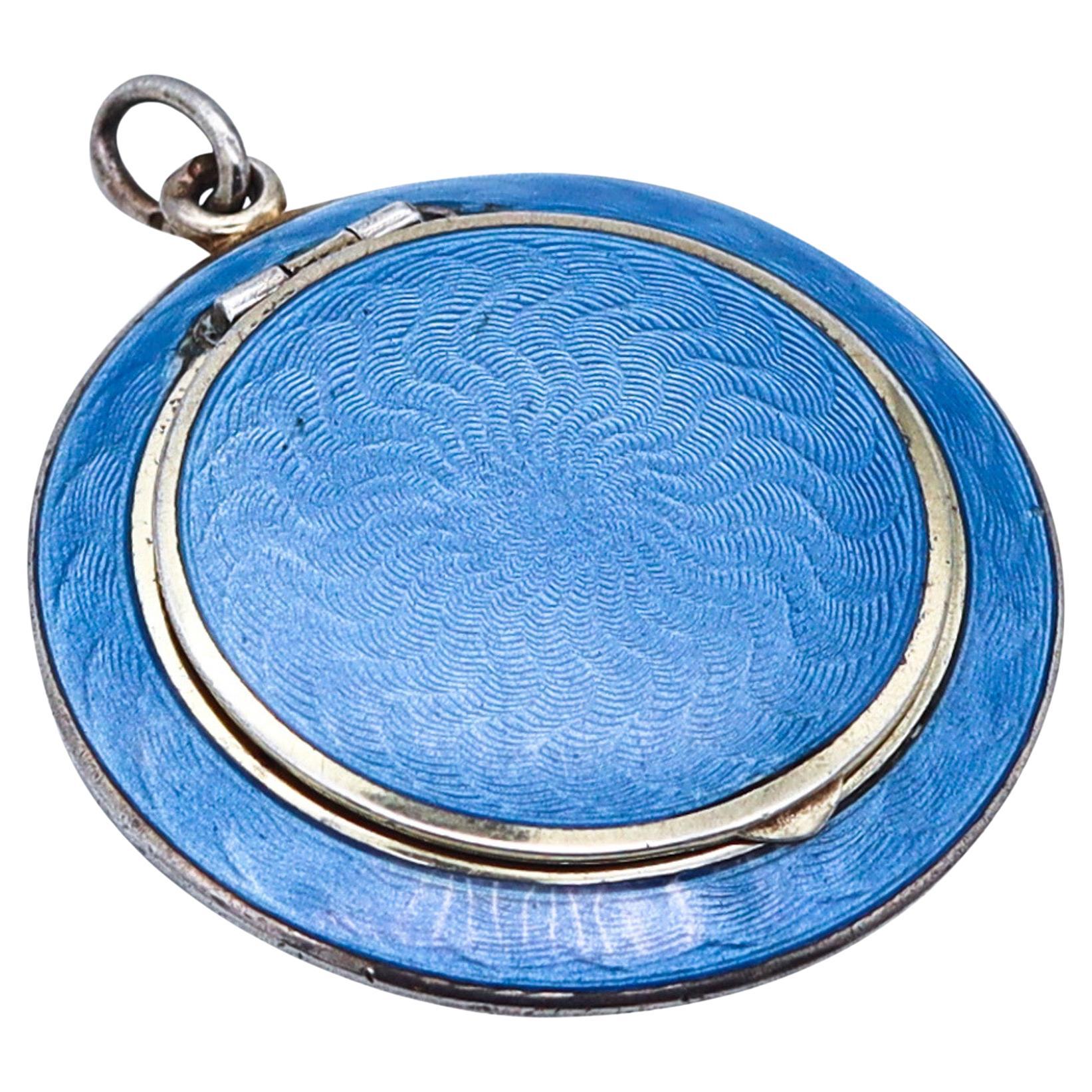 French 1910 Edwardian Blue Guilloche Enamel Pendant Locket 925 Sterling Silver For Sale