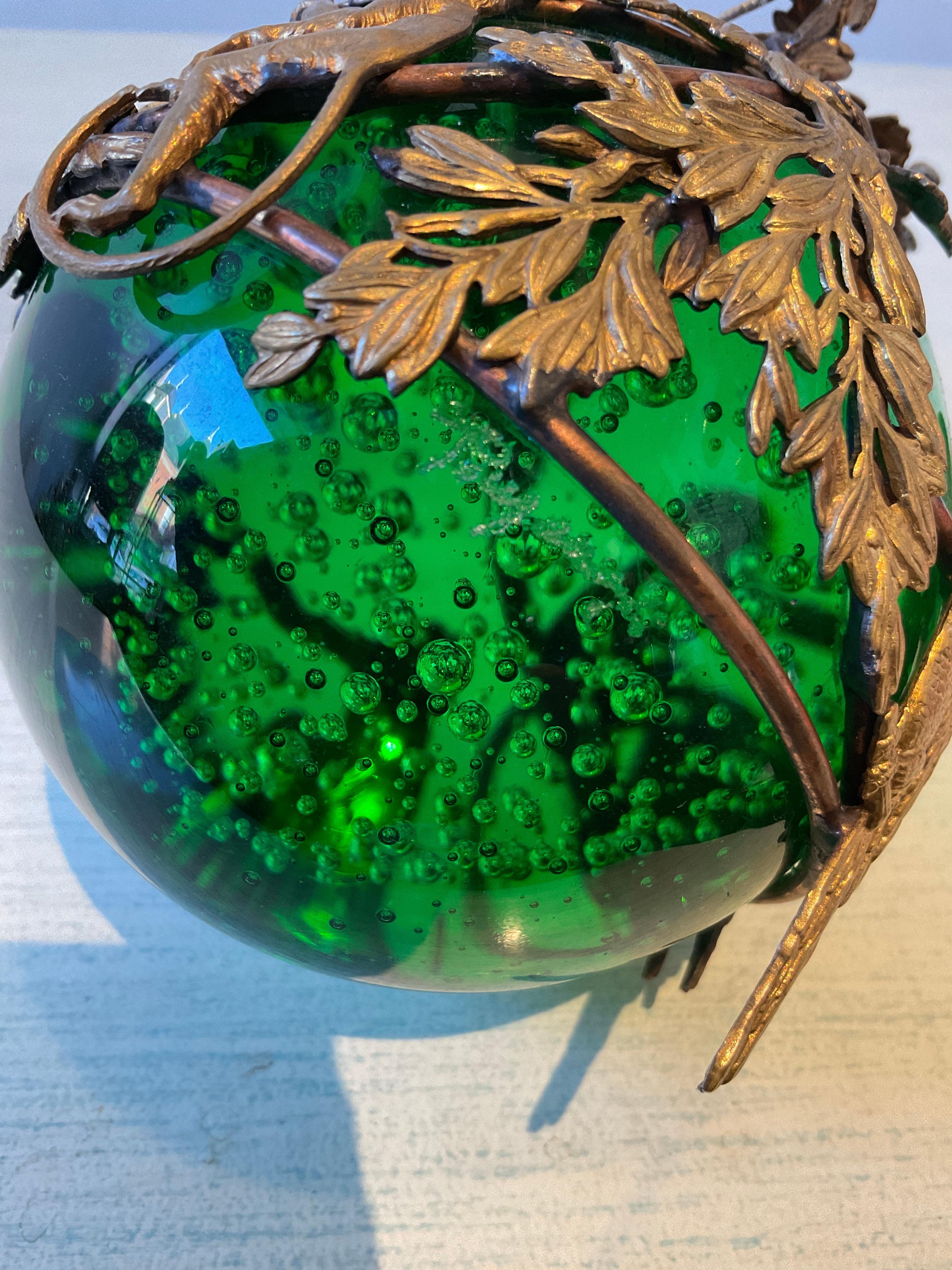 French 1910 Green Bubble Glass Ormolu Animal Paperweight For Sale 6