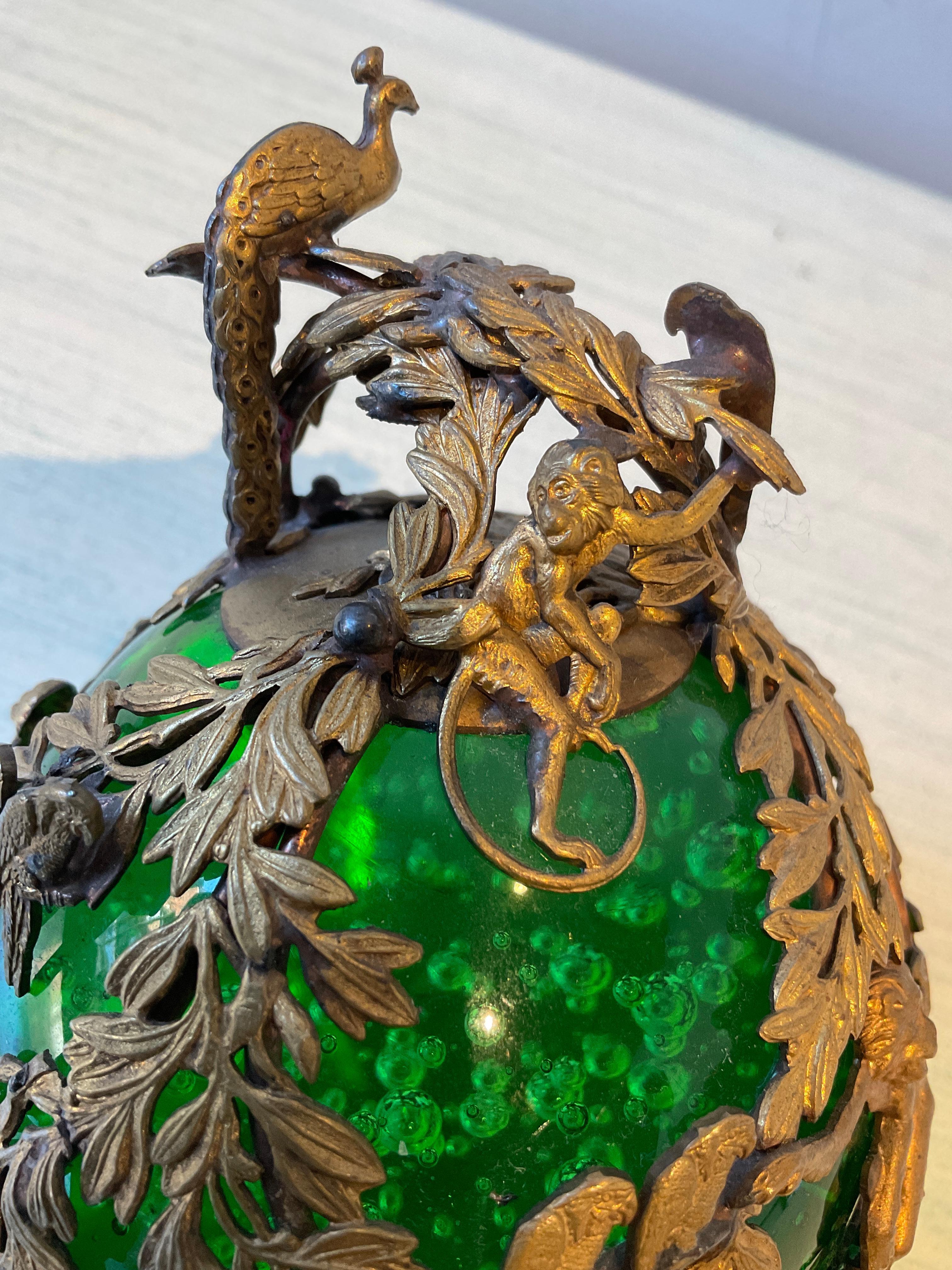 French 1910 Green Bubble Glass Ormolu Animal Paperweight In Good Condition For Sale In Tarrytown, NY