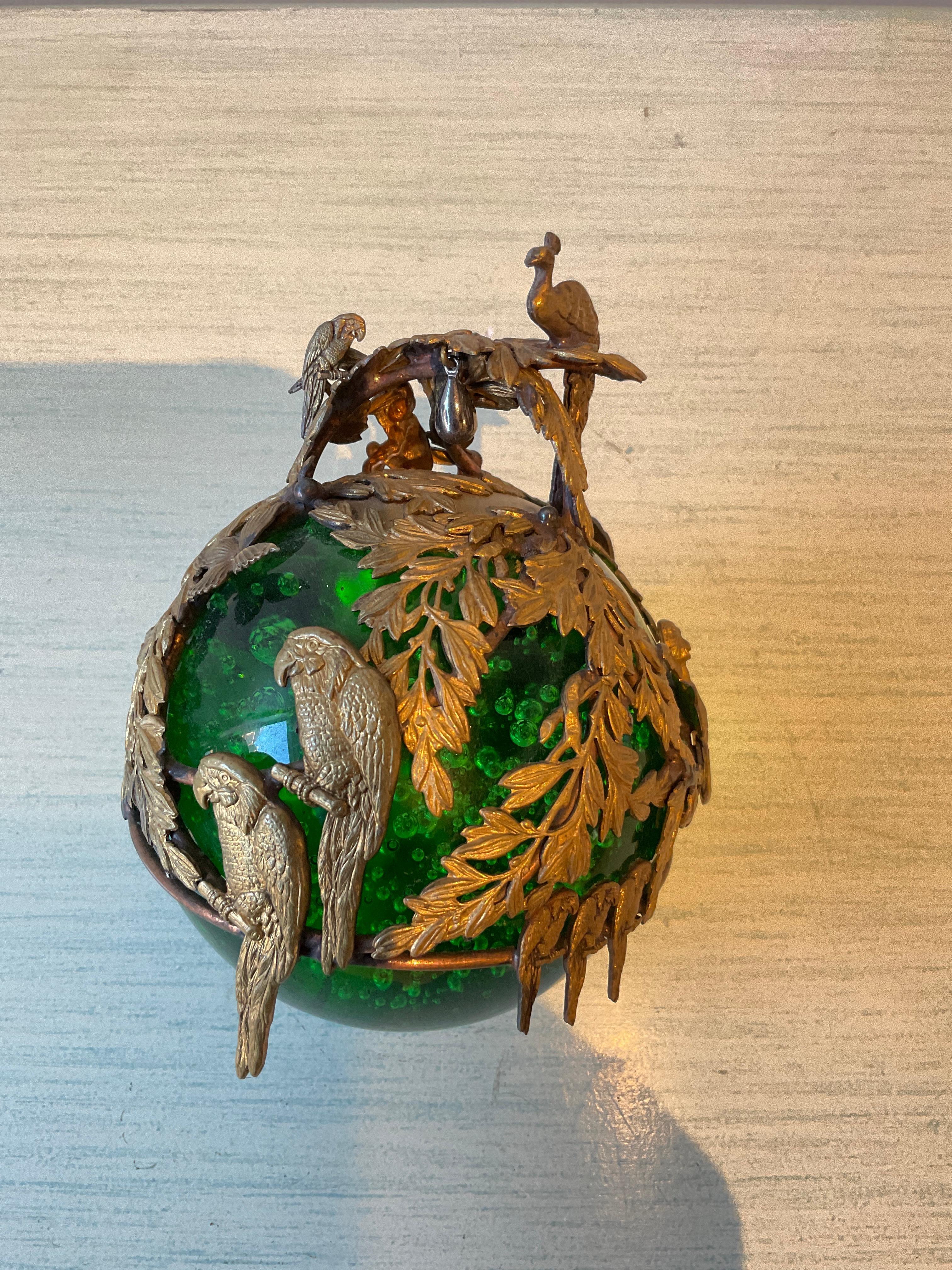 Art Glass French 1910 Green Bubble Glass Ormolu Animal Paperweight For Sale