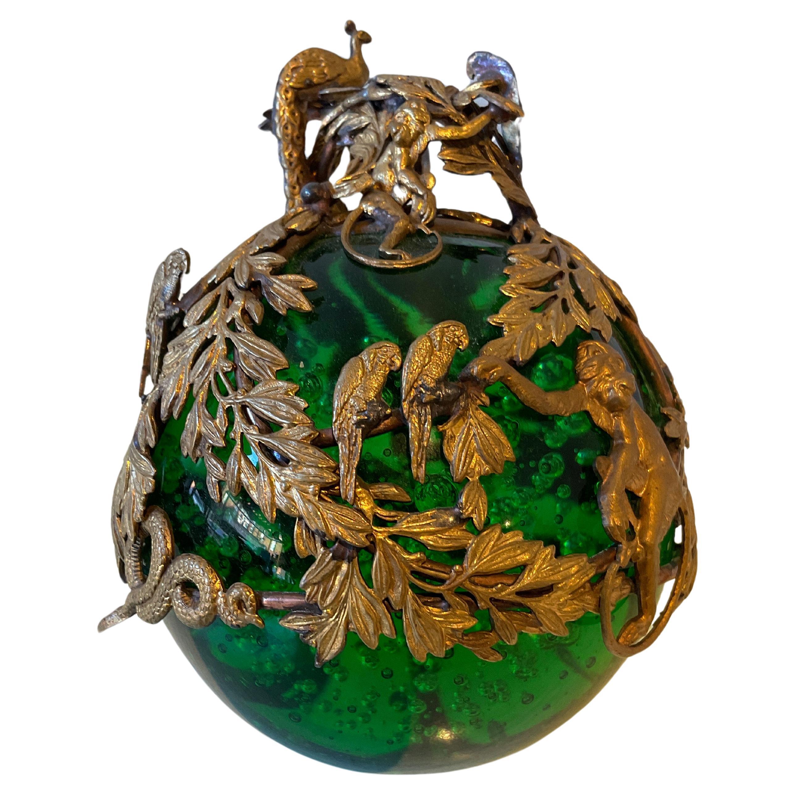 French 1910 Green Bubble Glass Ormolu Animal Paperweight For Sale