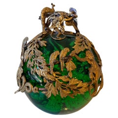French 1910 Green Bubble Glass Ormolu Animal Paperweight
