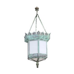 French 1910s Art Deco Hexagonal Lantern with Milk Glass and Verdigris Patina