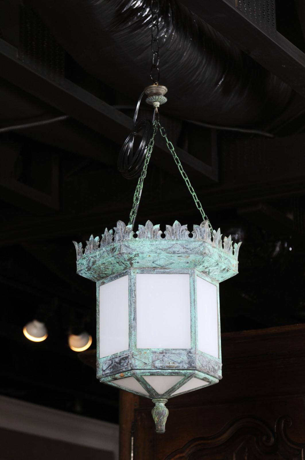 Patinated French 1910s Art Deco Hexagonal Lantern with Milk Glass and Verdigris Patina For Sale