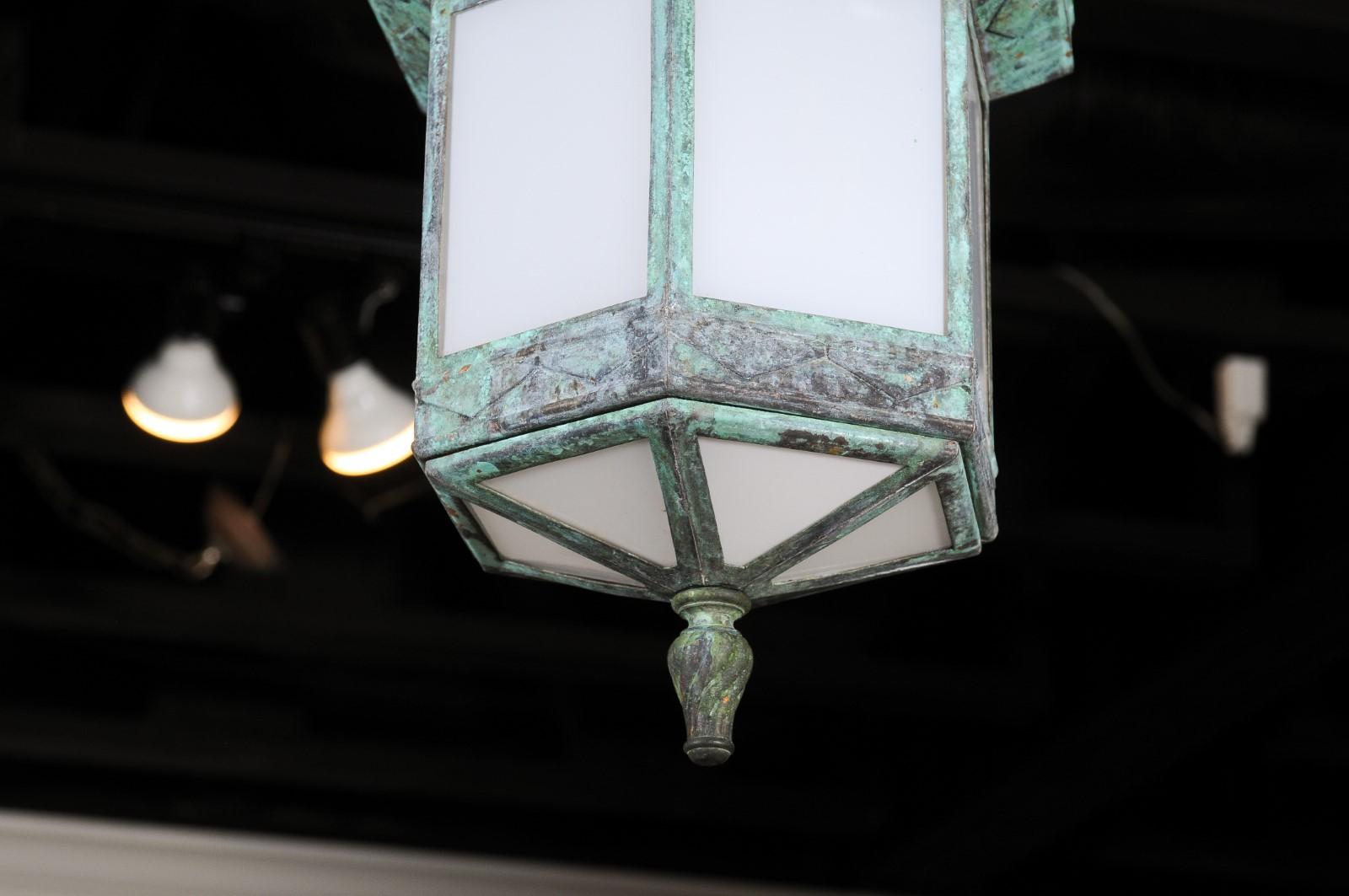 French 1910s Art Deco Hexagonal Lantern with Milk Glass and Verdigris Patina In Good Condition For Sale In Atlanta, GA