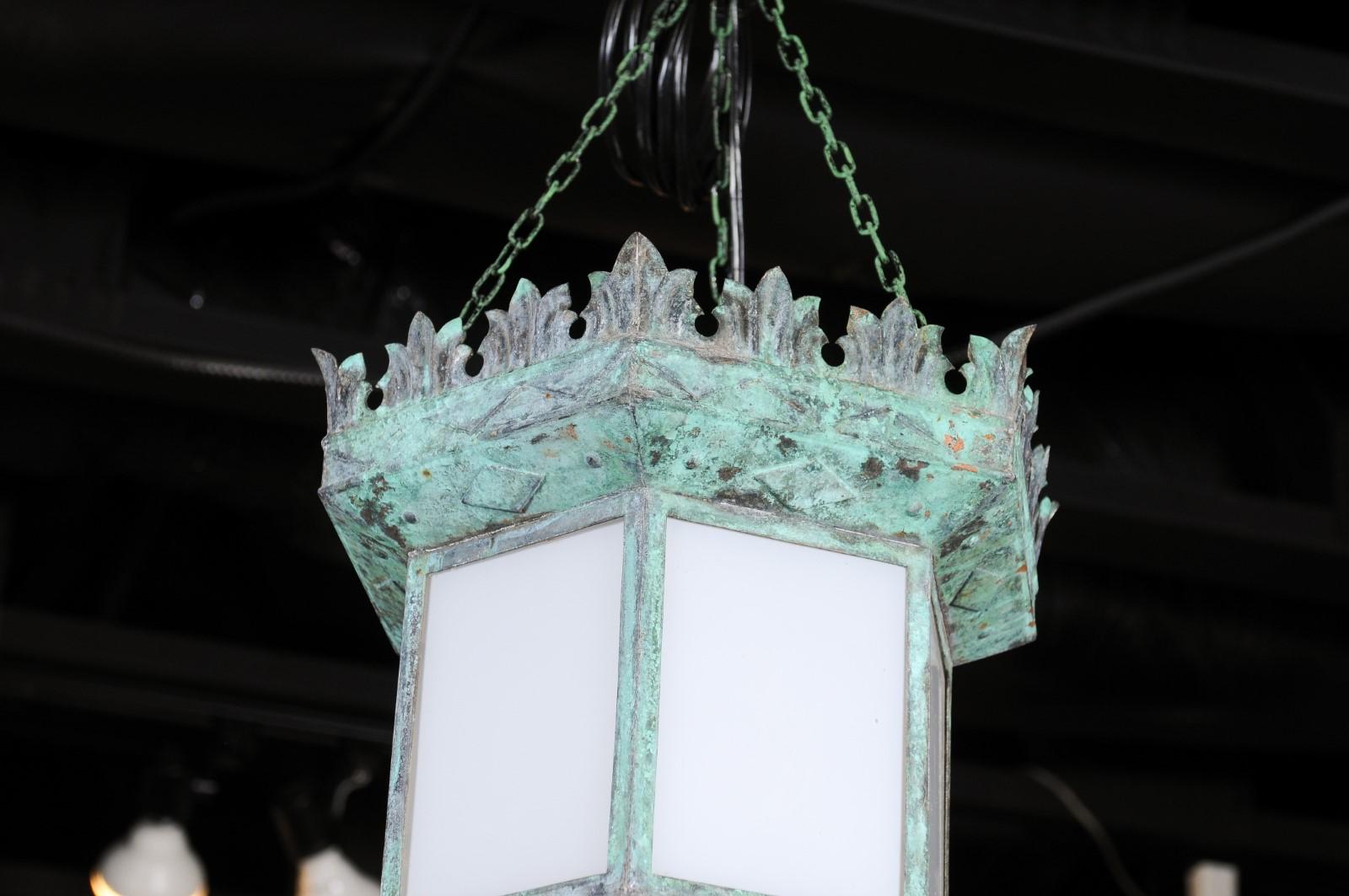 20th Century French 1910s Art Deco Hexagonal Lantern with Milk Glass and Verdigris Patina