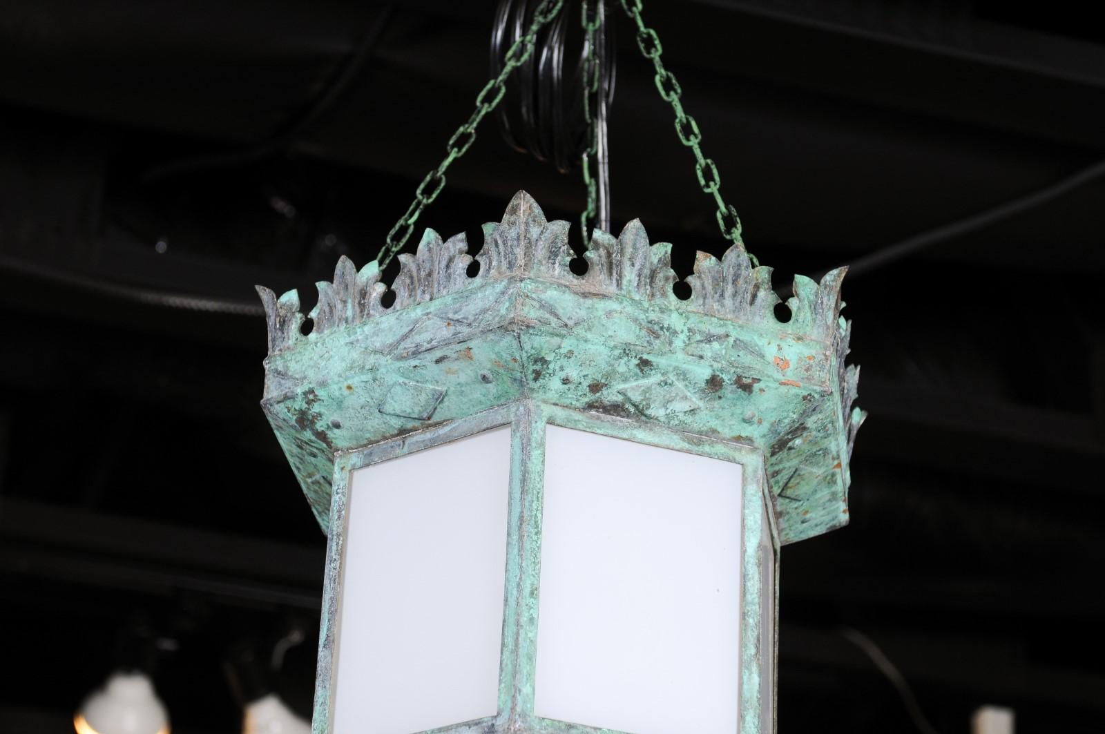 20th Century French 1910s Art Deco Hexagonal Lantern with Milk Glass and Verdigris Patina For Sale