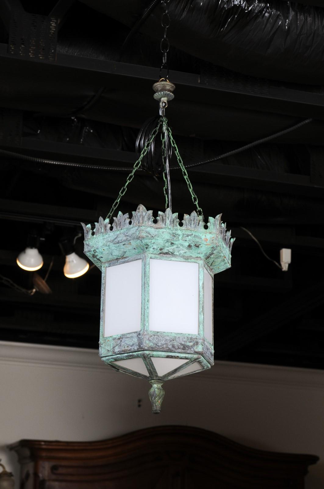 French 1910s Art Deco Hexagonal Lantern with Milk Glass and Verdigris Patina For Sale 1