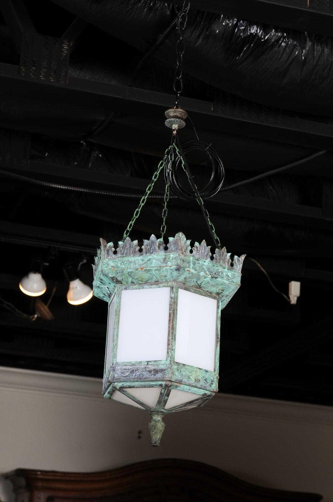 French 1910s Art Deco Hexagonal Lantern with Milk Glass and Verdigris Patina For Sale 2