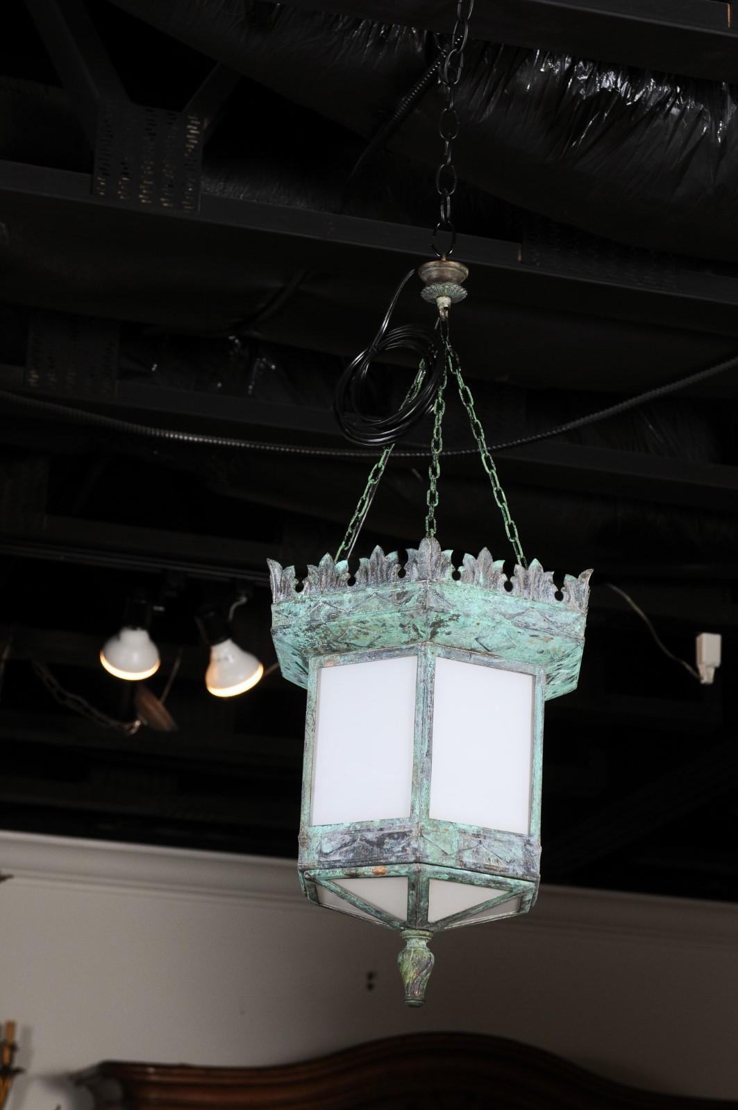 French 1910s Art Deco Hexagonal Lantern with Milk Glass and Verdigris Patina For Sale 3