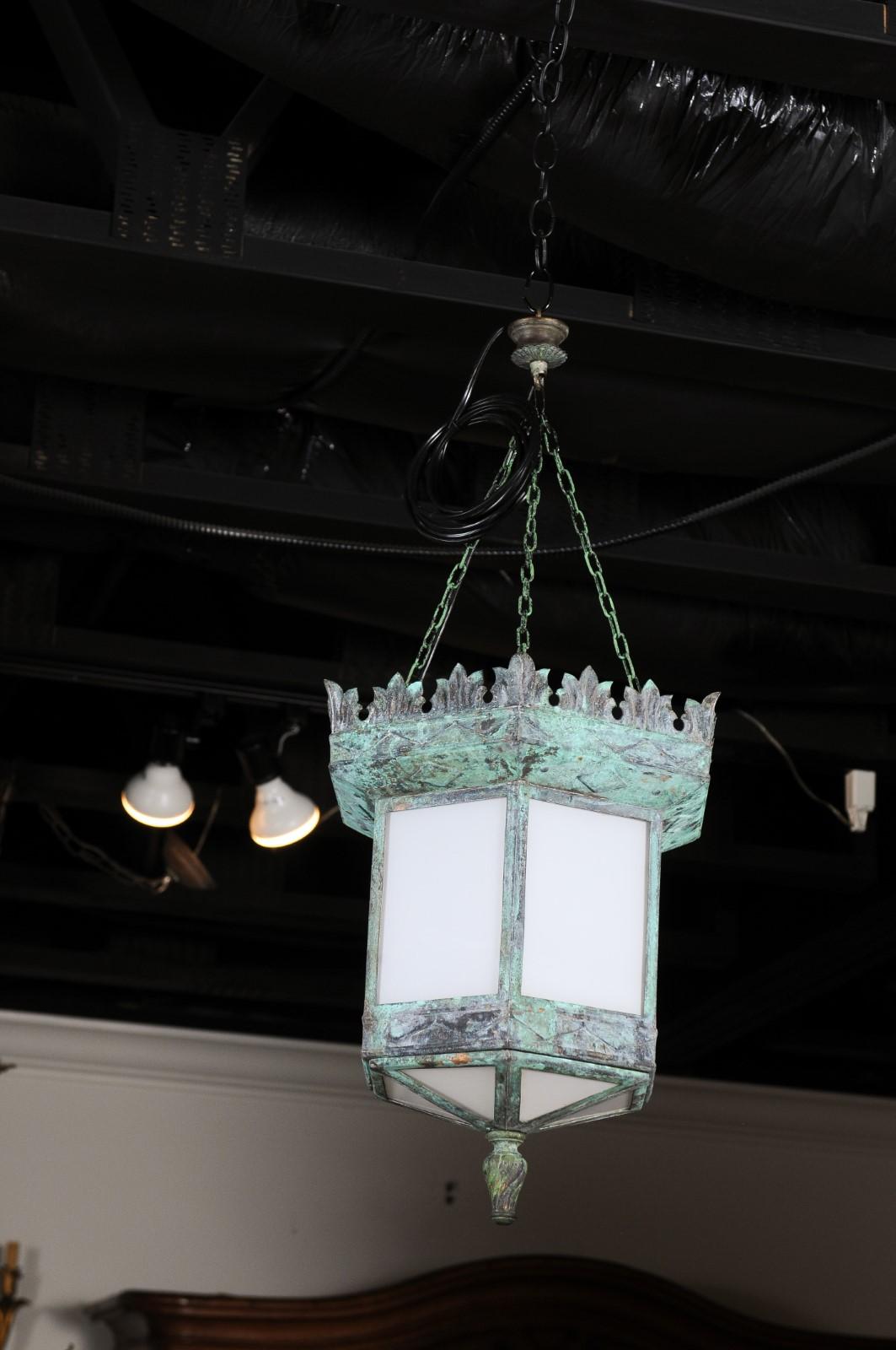 French 1910s Art Deco Hexagonal Lantern with Milk Glass and Verdigris Patina 2