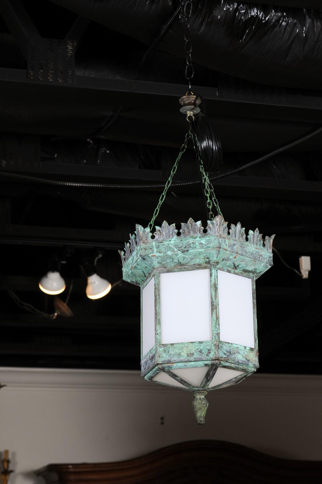 French 1910s Art Deco Hexagonal Lantern with Milk Glass and Verdigris Patina For Sale 4