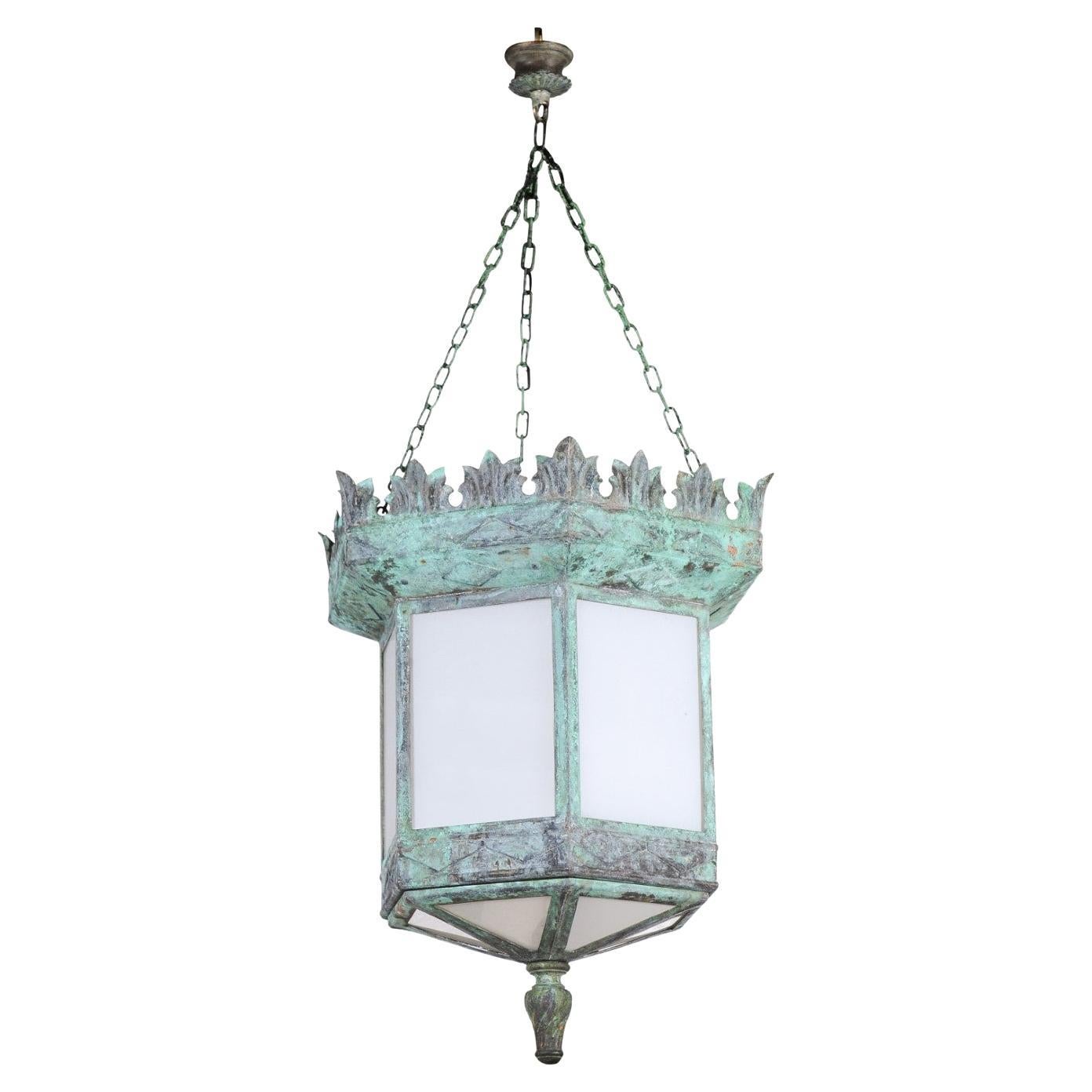 French 1910s Art Deco Hexagonal Lantern with Milk Glass and Verdigris Patina For Sale