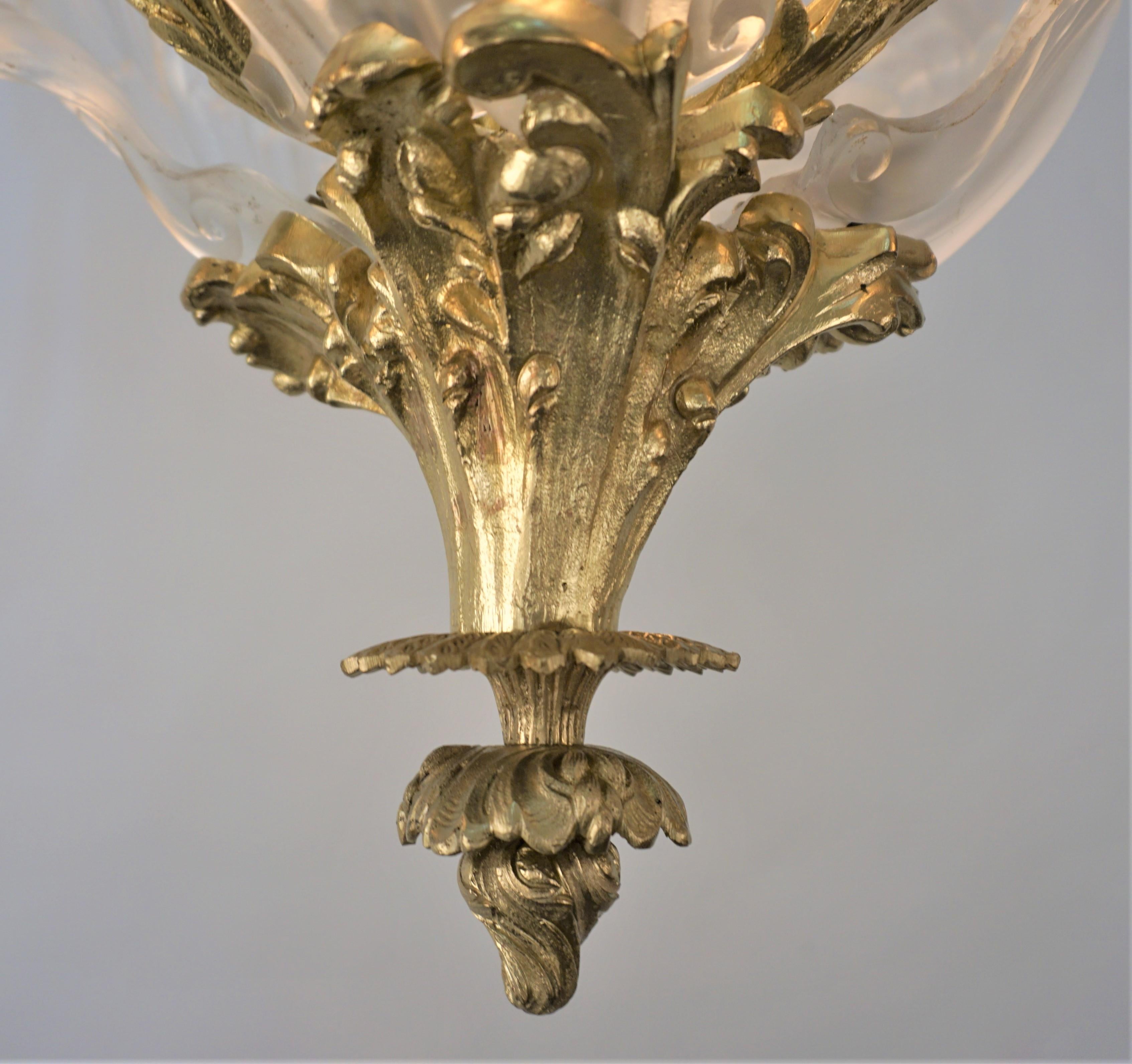 French 1910's Bronze and Blown Glass Chandelier For Sale 2