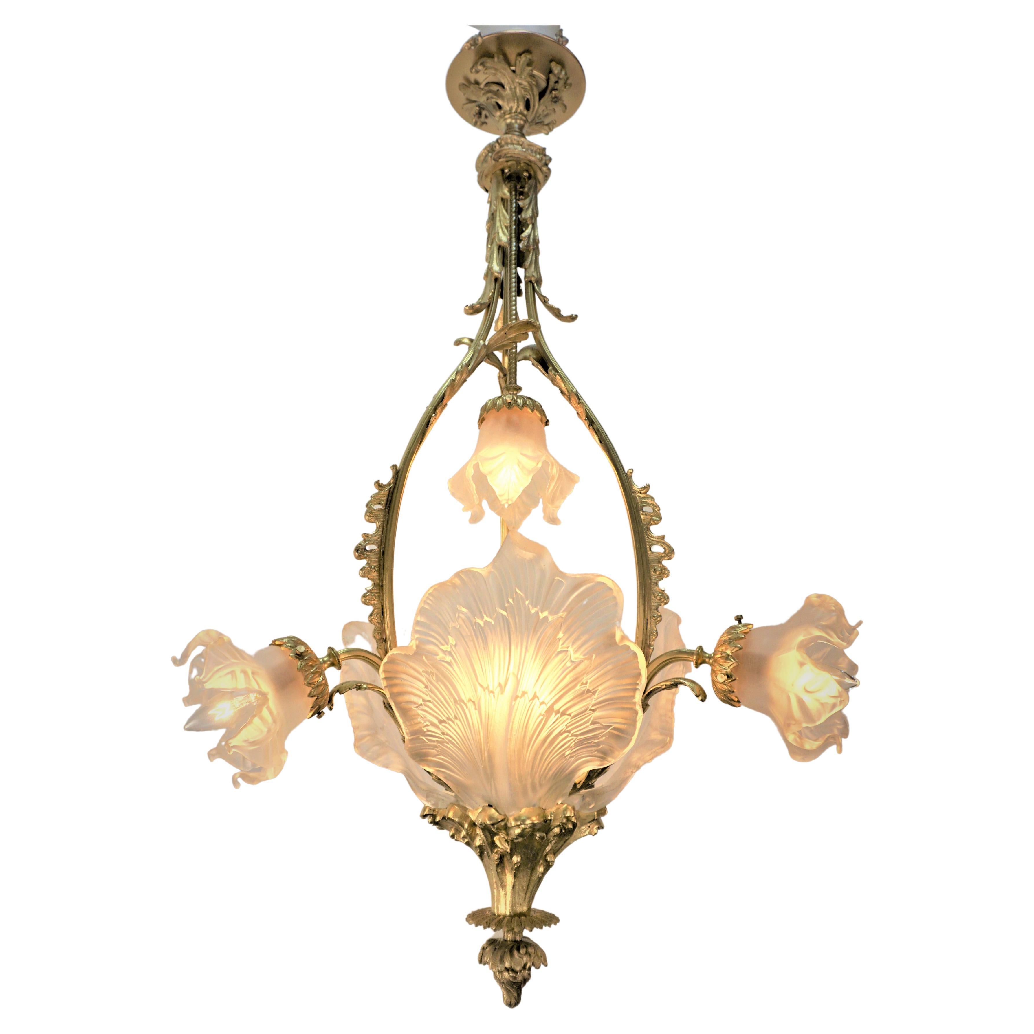 French 1910's Bronze and Blown Glass Chandelier For Sale
