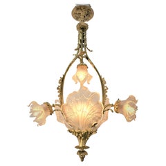 Antique French 1910's Bronze and Blown Glass Chandelier