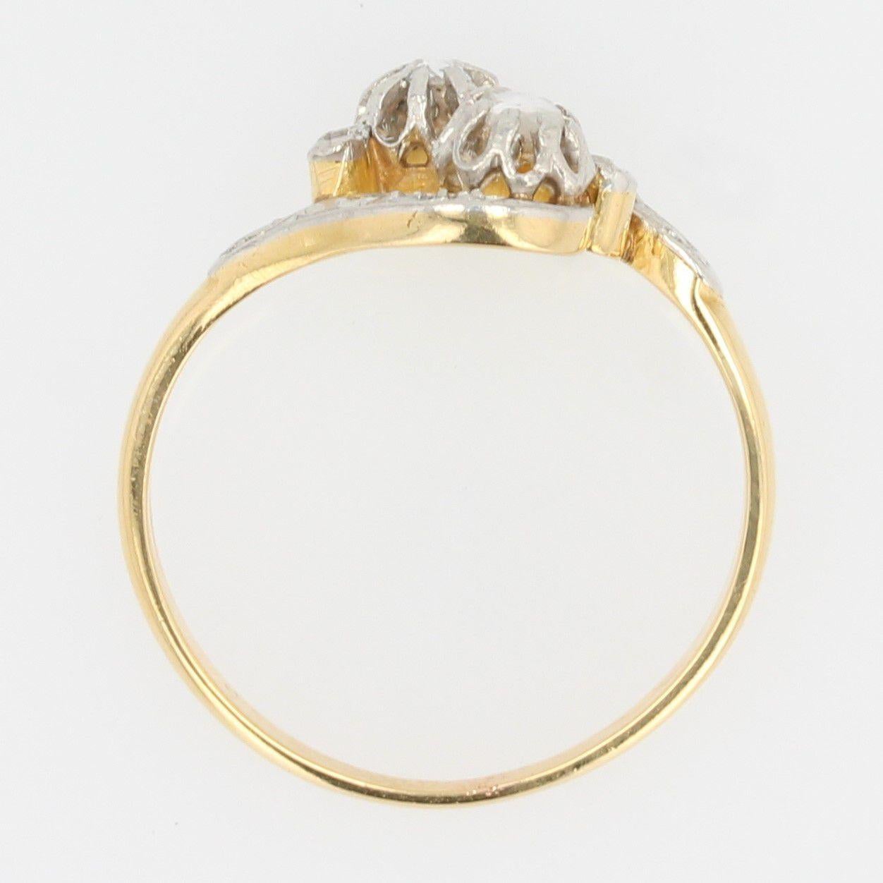 French 1910s Diamond 18 Karat Yellow Gold Platinum You and Me Ring 3