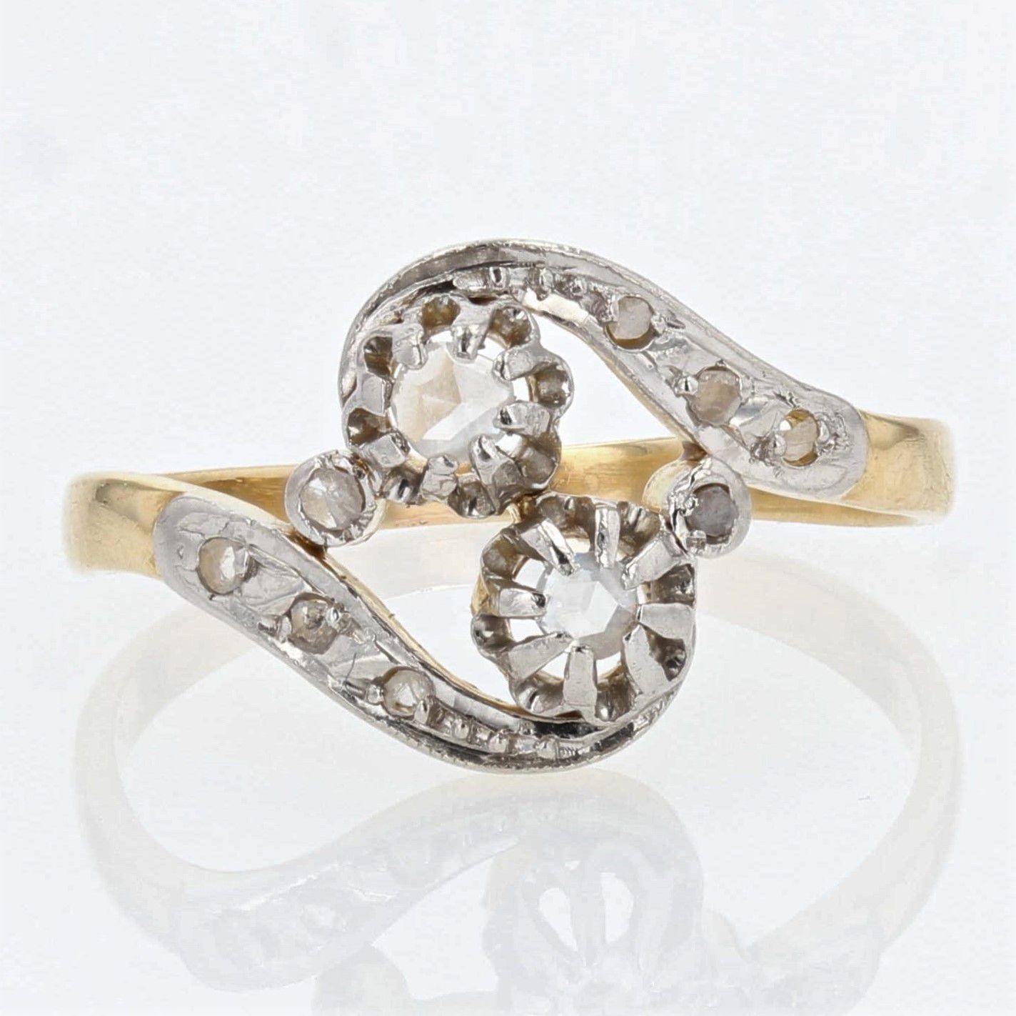 French 1910s Diamond 18 Karat Yellow Gold Platinum You and Me Ring 5