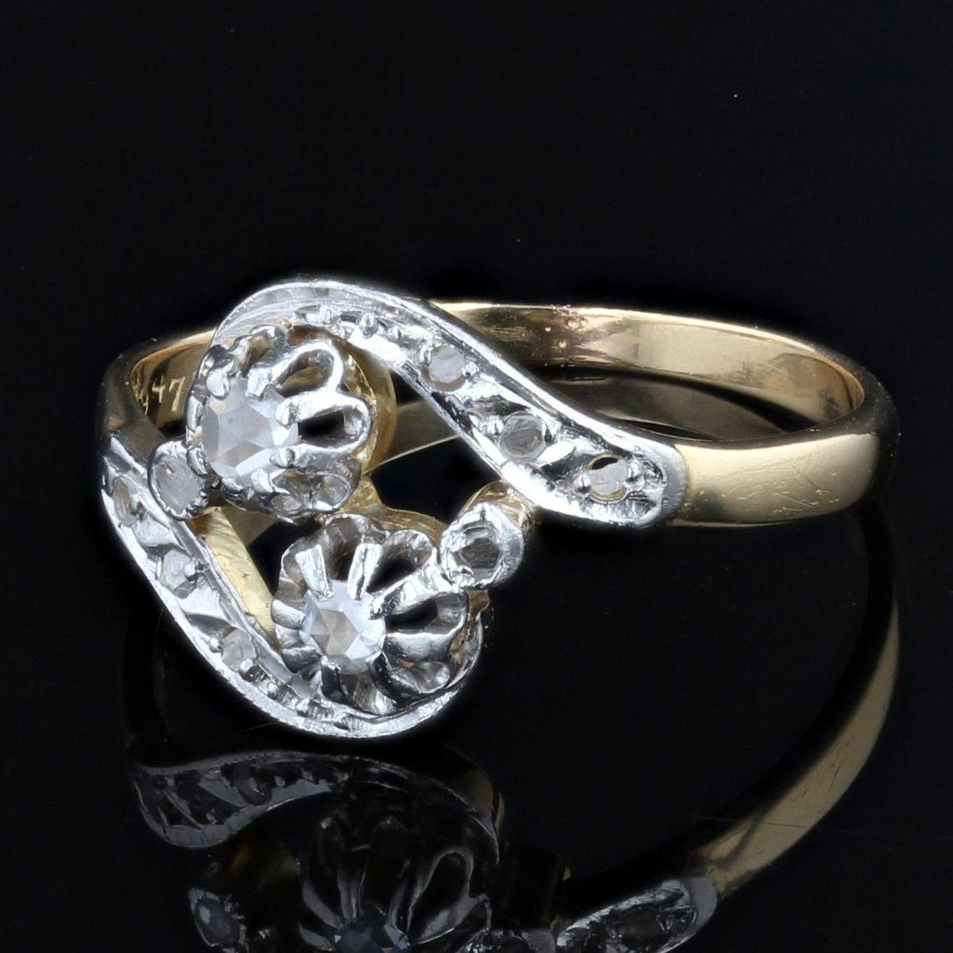 Belle Époque French 1910s Diamond 18 Karat Yellow Gold Platinum You and Me Ring