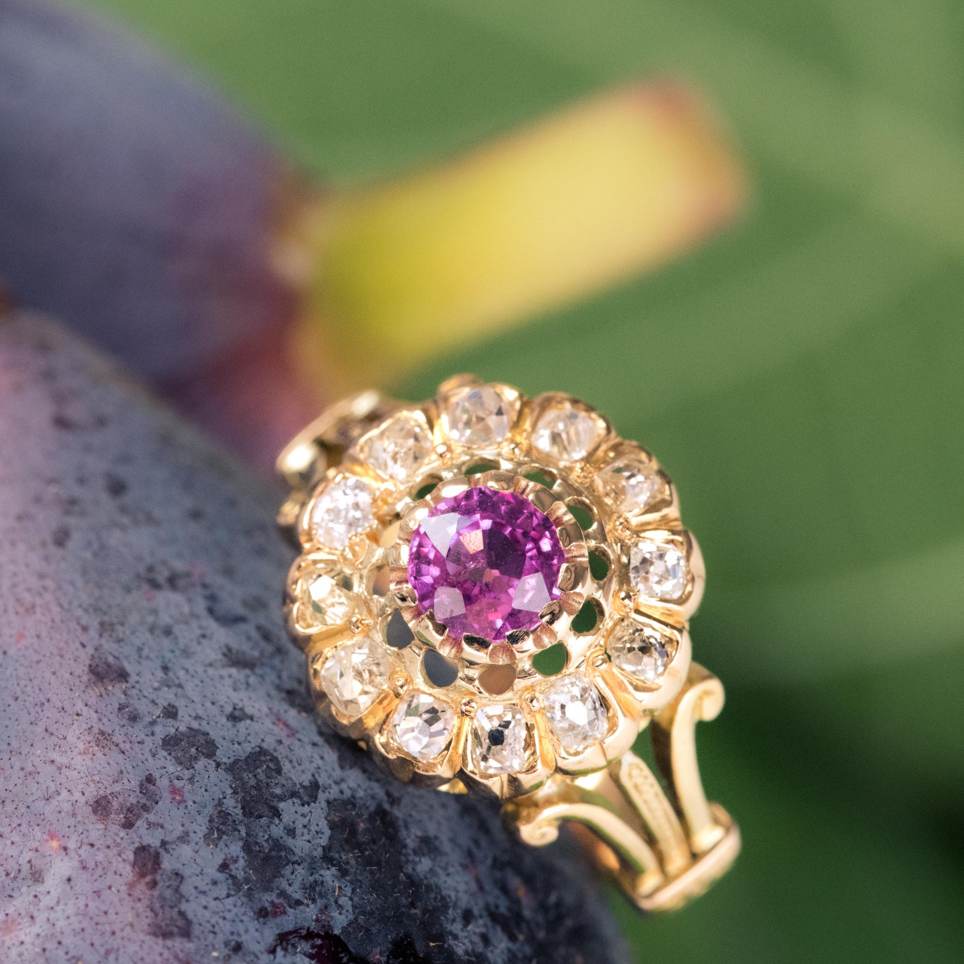 French Cut French 1910s Pink Sapphire Diamonds 18 Karat Yellow Gold Daisy Ring