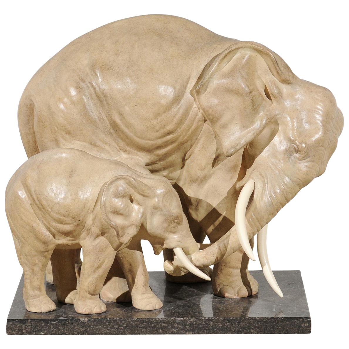 French 1910s Terracotta Sculpted Group of Elephants Mounted on Marble Base