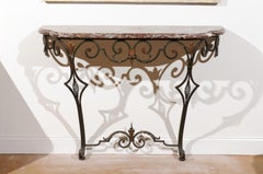 French 1910s Wrought-Iron Console Table with Red Marble Top and Scrolled Base