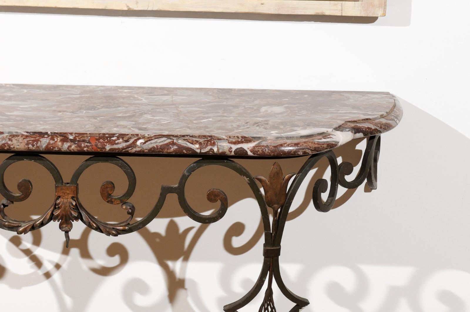 20th Century French 1910s Wrought-Iron Console Table with Red Marble Top and Scrolled Base