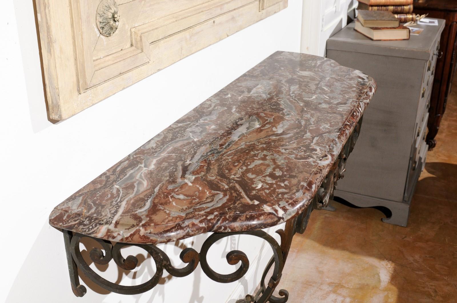 Wrought Iron French 1910s Wrought-Iron Console Table with Red Marble Top and Scrolled Base