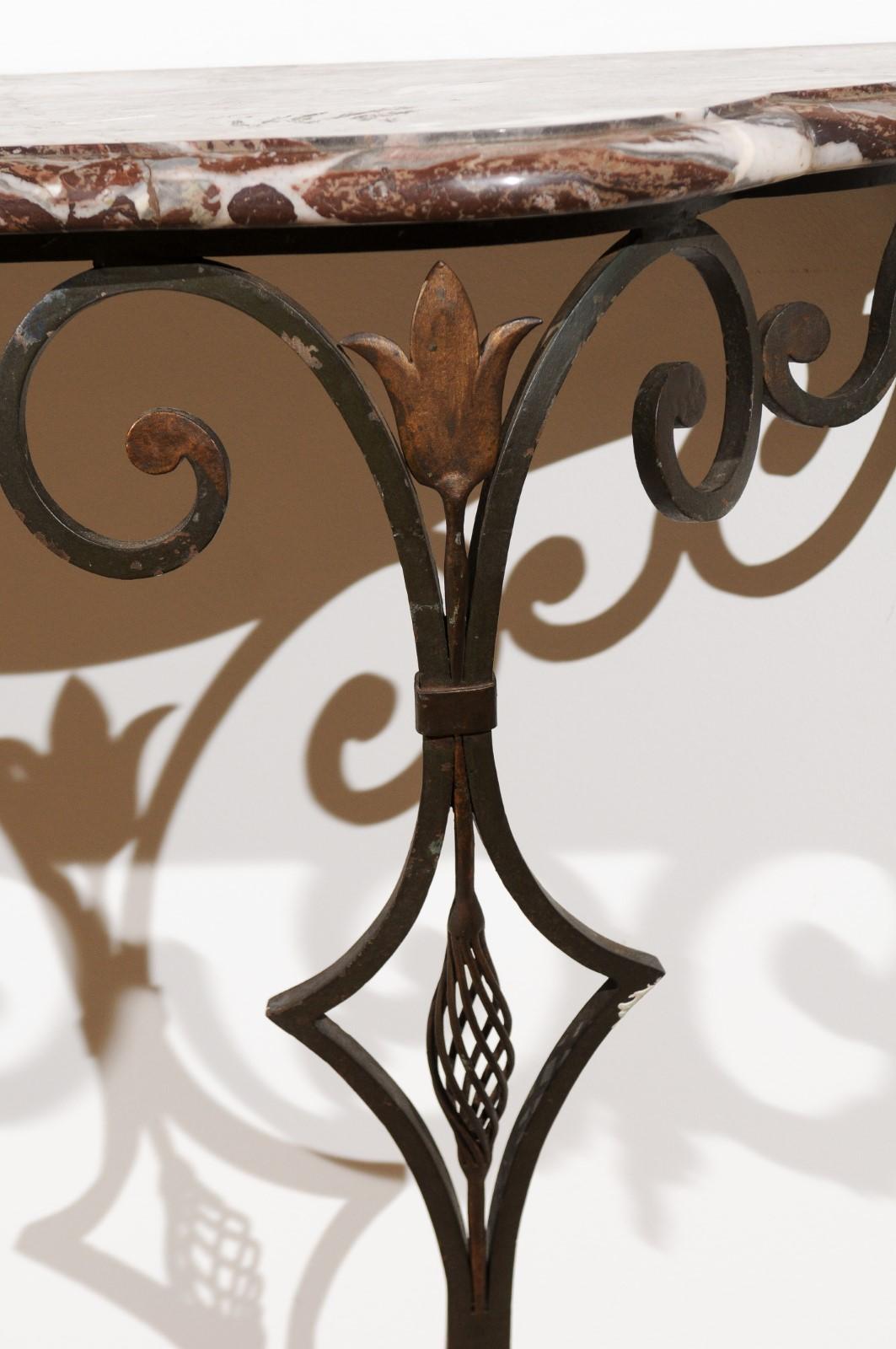 French 1910s Wrought-Iron Console Table with Red Marble Top and Scrolled Base 2