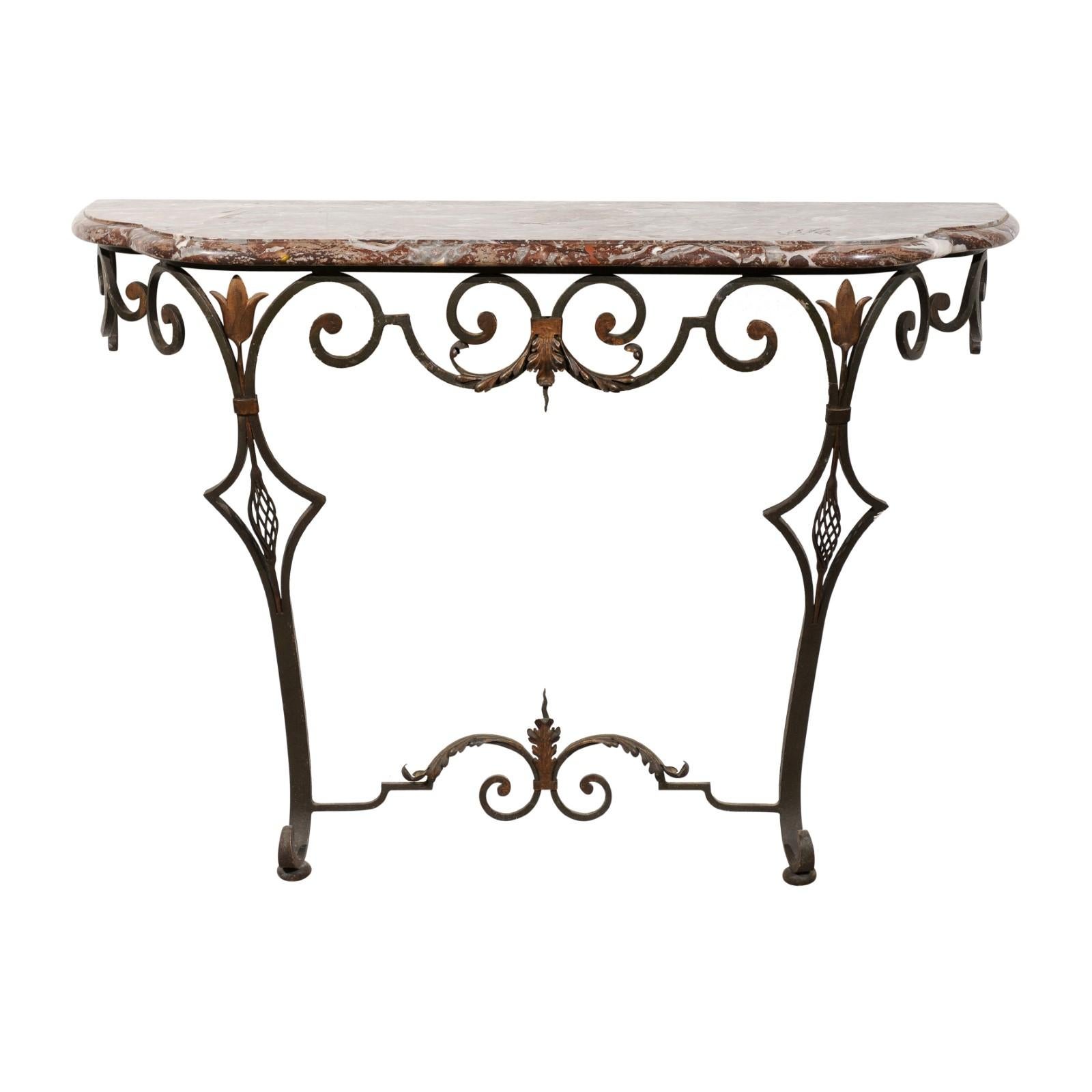 French 1910s Wrought-Iron Console Table with Red Marble Top and Scrolled Base