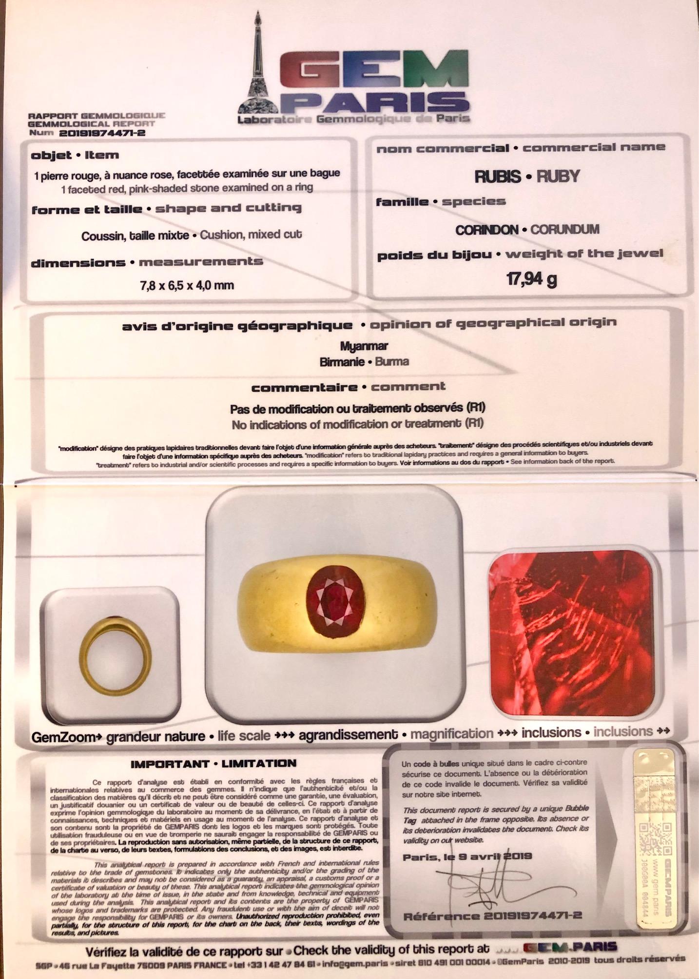 French 1911s No Heat Certified Burmese Ruby 18 Karat Yellow Gold Bangle Ring 13