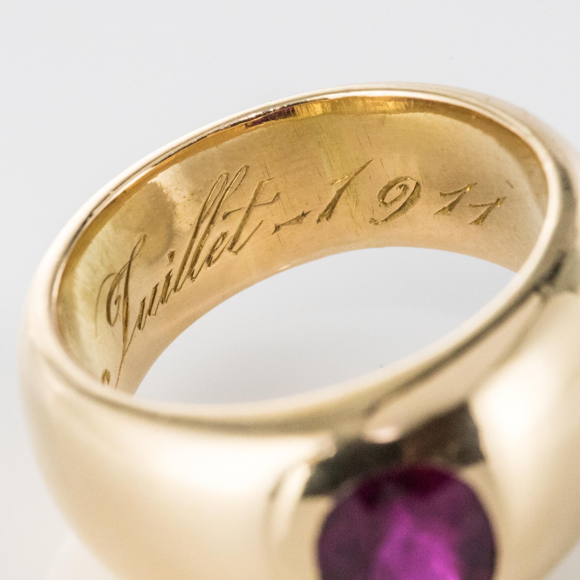 French 1911s No Heat Certified Burmese Ruby 18 Karat Yellow Gold Bangle Ring 10