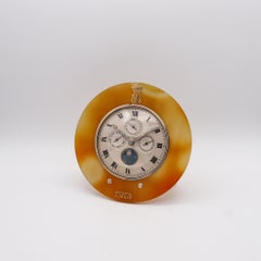 French 1914 Morgan Triple Calendar Desk Clock In Sterling Gold Platinum & Agate