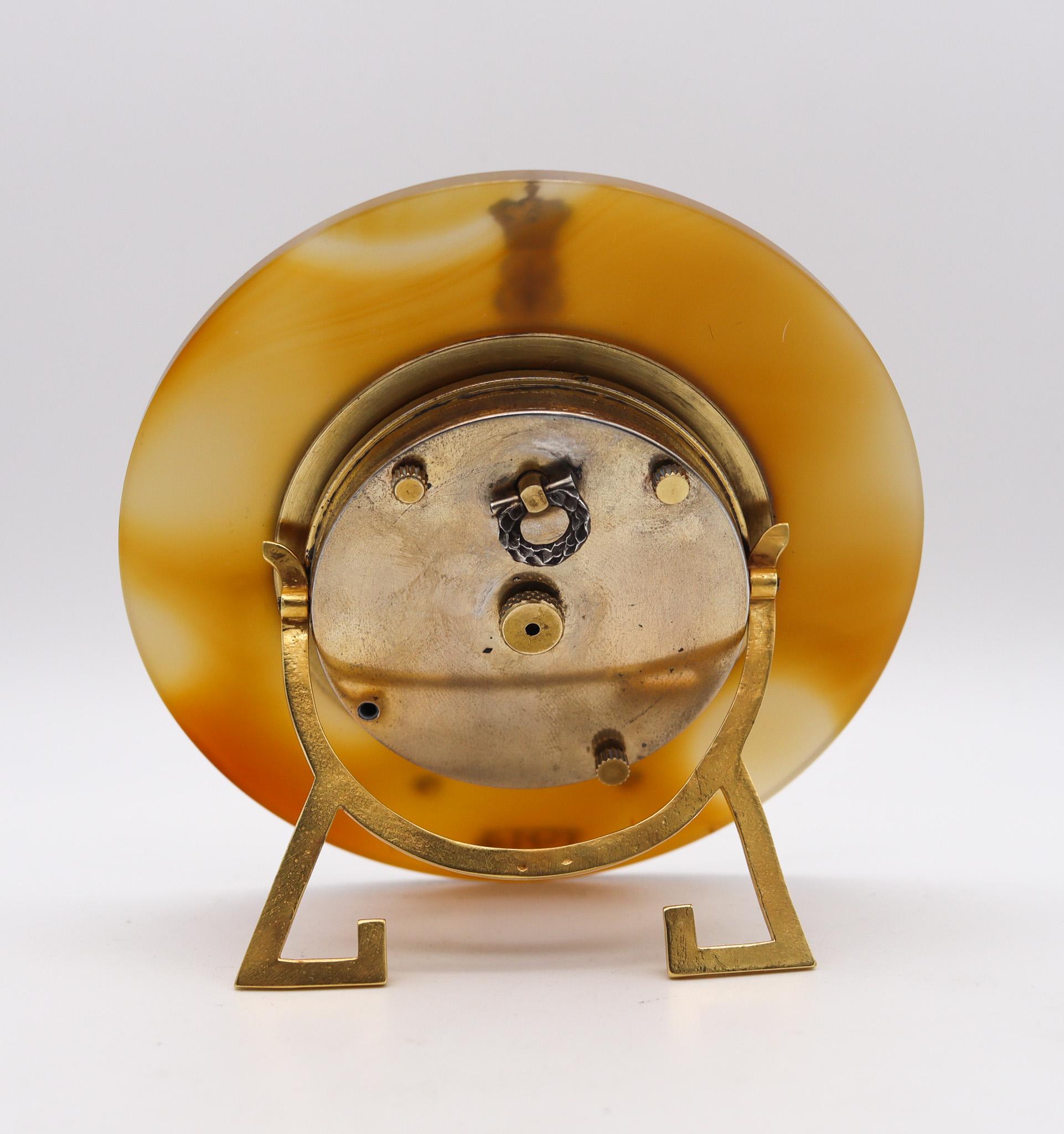 Carved French 1914 Morgan Triple Calendar Desk Clock In Sterling Gold Platinum & Agate For Sale