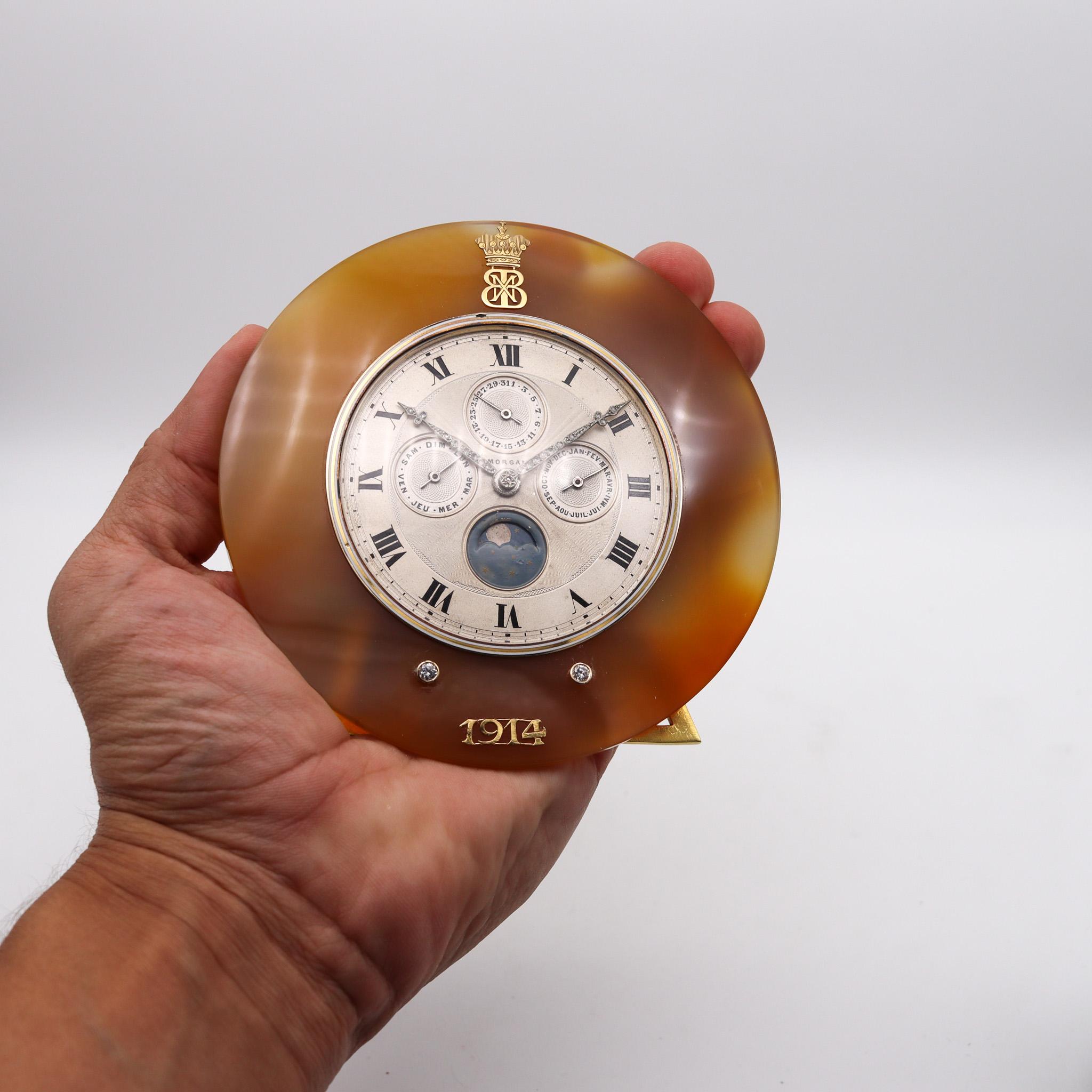 Early 20th Century French 1914 Morgan Triple Calendar Desk Clock In Sterling Gold Platinum & Agate For Sale
