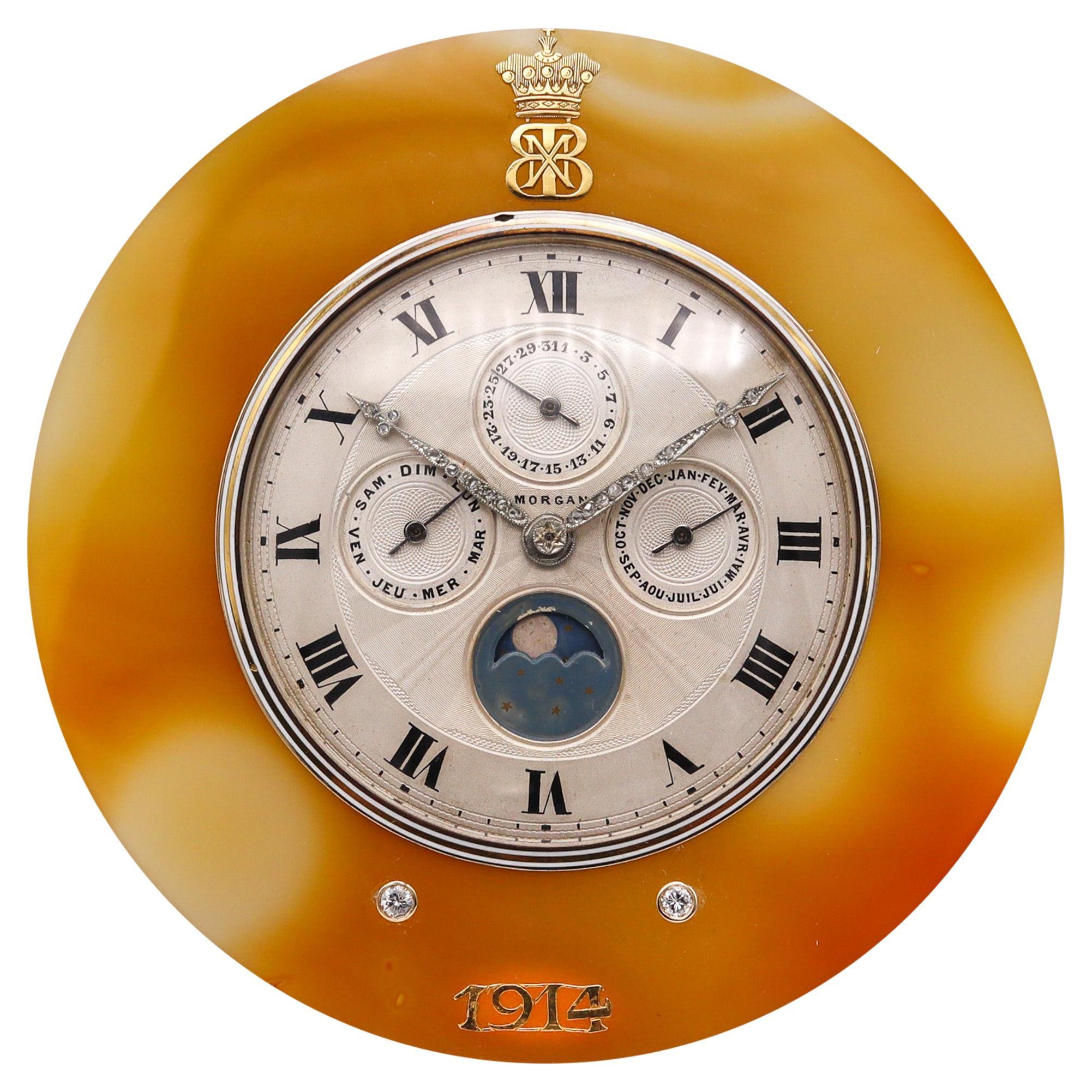 French 1914 Morgan Triple Calendar Desk Clock In Sterling Gold Platinum & Agate For Sale