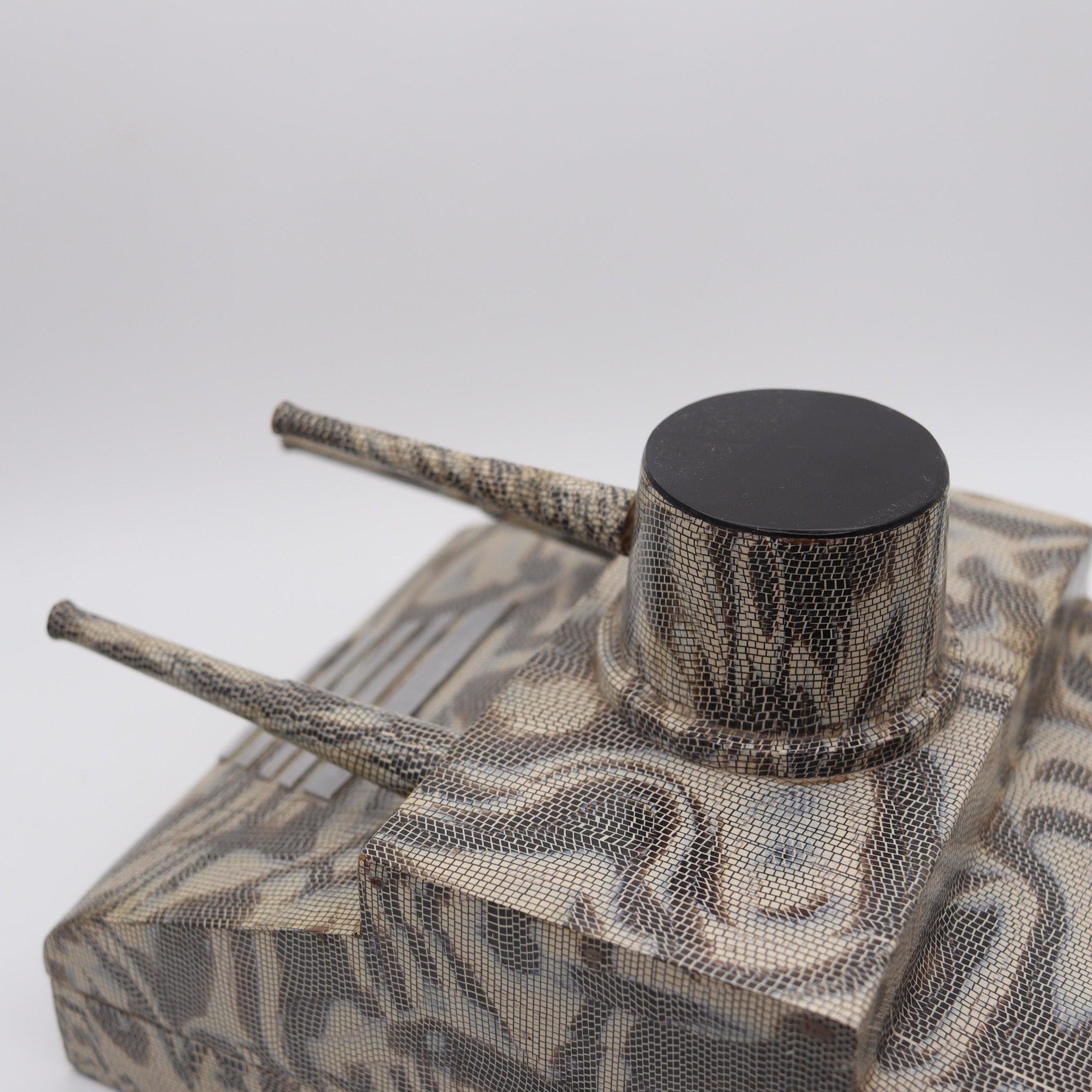 French FRENCH 1918 Art-Deco Lacquered Desk Cigar Box In The Shape of a WWI Tank For Sale