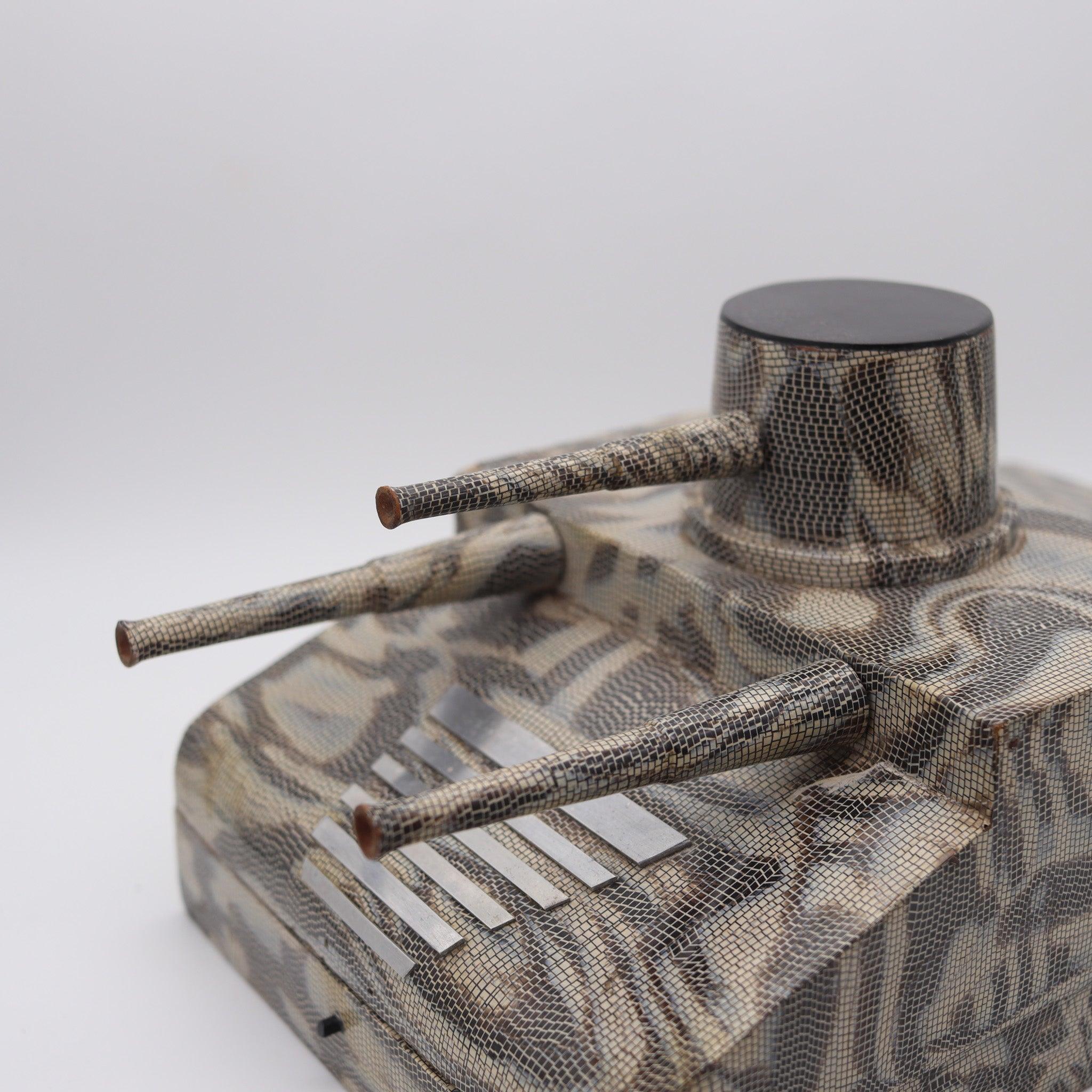 Hand-Crafted FRENCH 1918 Art-Deco Lacquered Desk Cigar Box In The Shape of a WWI Tank For Sale